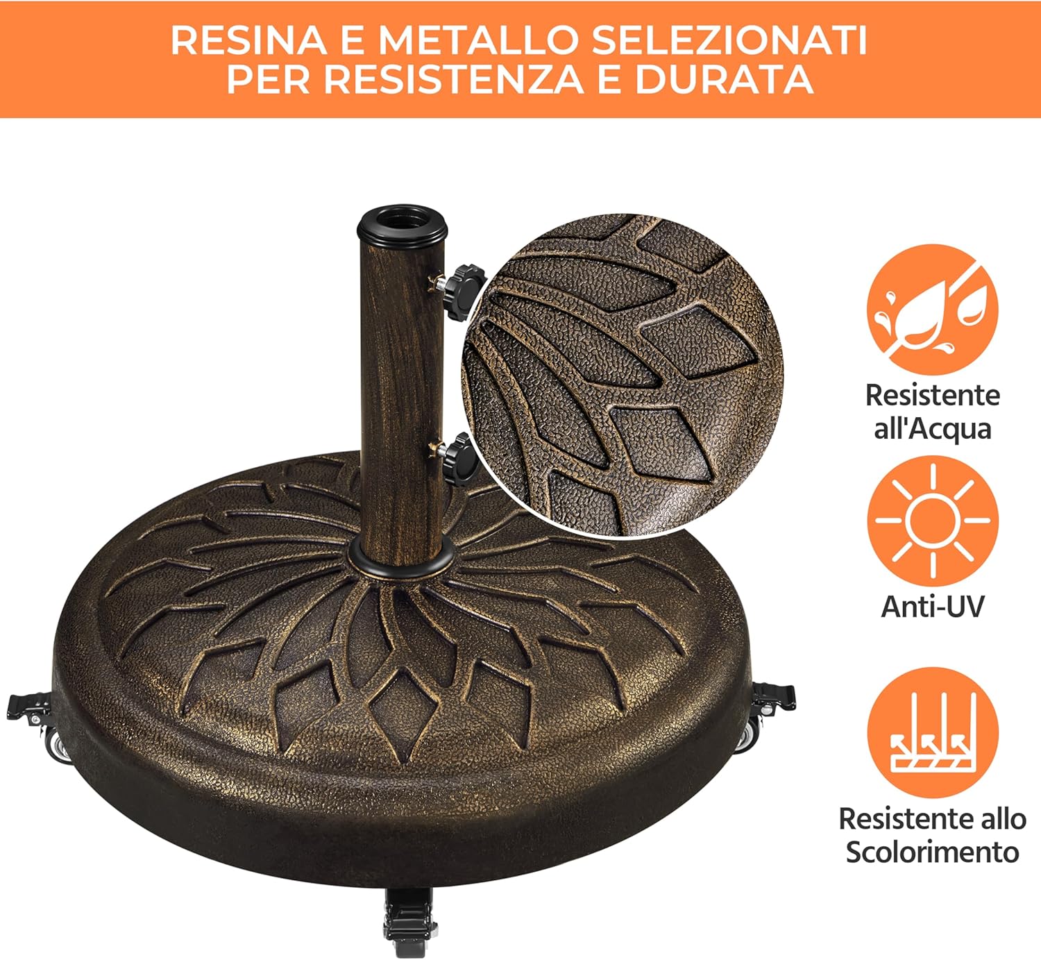 Thumbnail 3 de Yaheetech base per ombrellone da giardino da 20,6 kg con 4 ruote e freni per pali Ø34/38/48 mm (bronzo)