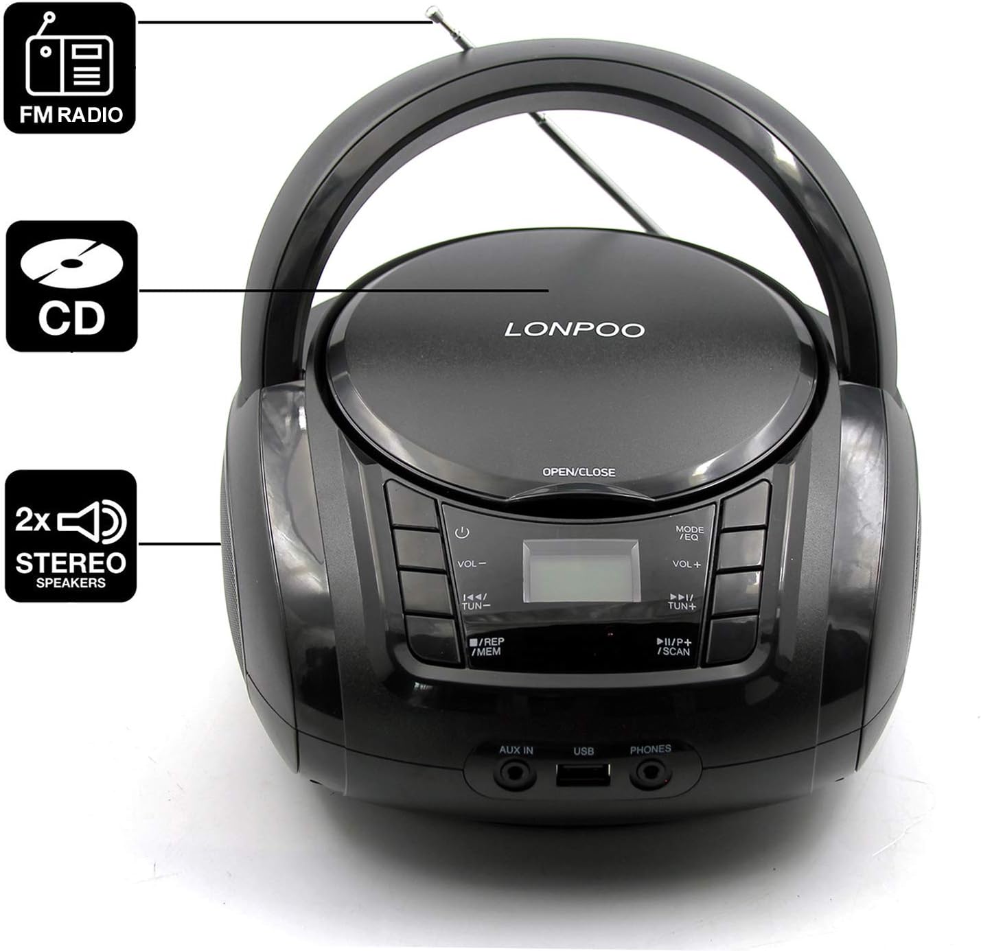 Detalle de LONPOO Lettore CD Portatile con Bluetooth, radio FM e USB (nero)