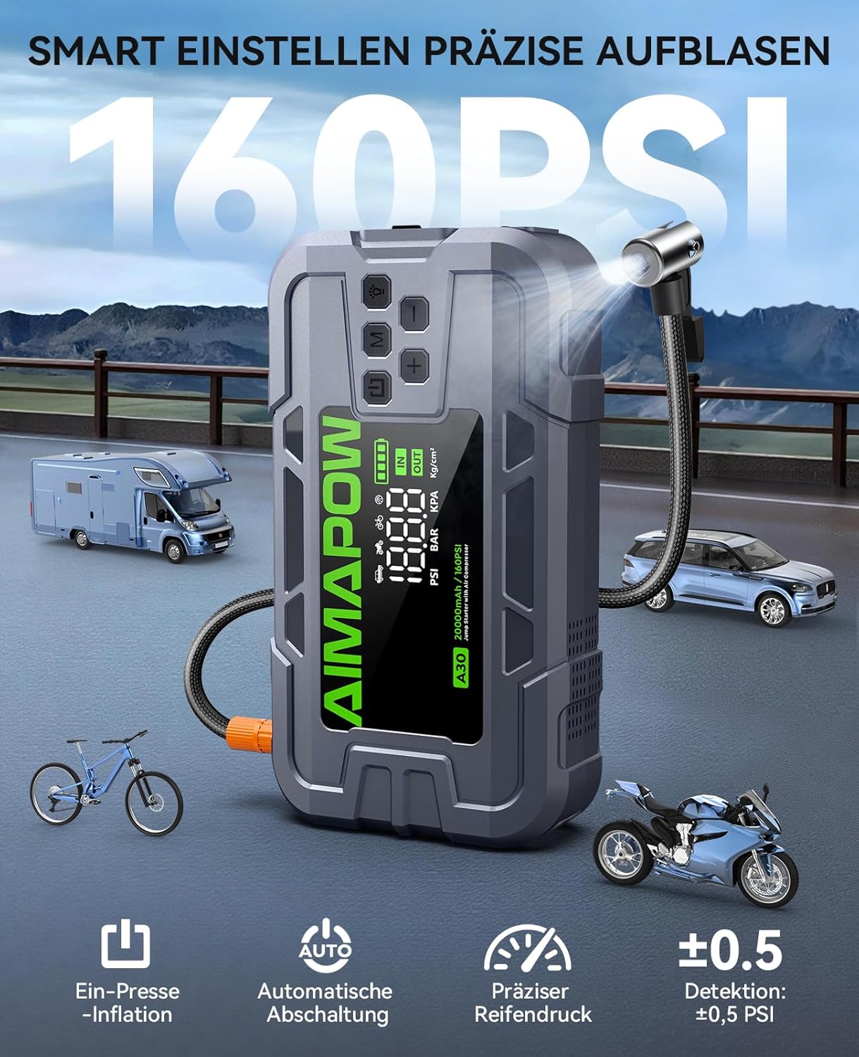 Thumbnail 6 de AIMAPOW Starthilfe Powerbank 8000 A & 160 PSI mit Kompressor für Pkw
