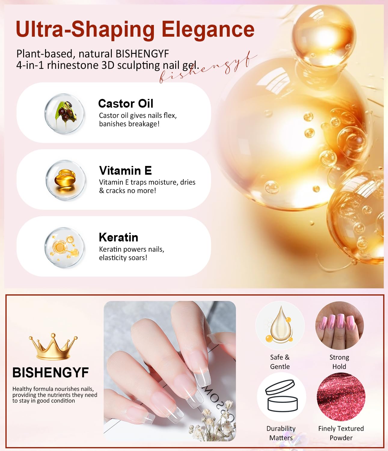 Detalle de BISHENGYF Multifunktions 3D Gel Nail Art Set – Chrome-Glitzer & 15 g Gel, 2 Chrome-Puder, rhinestone Kleber