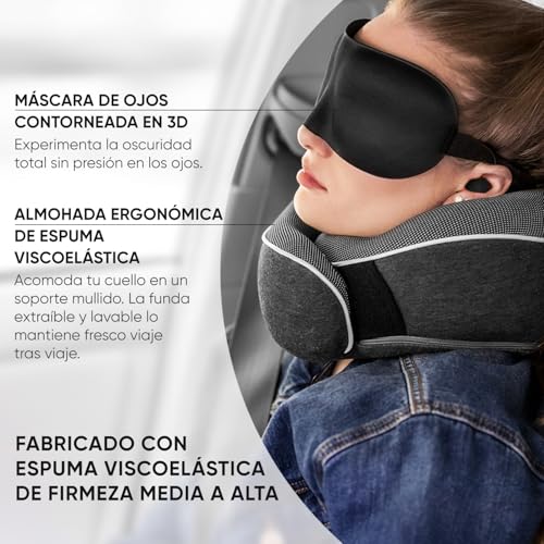 Detalle de Proglobe Almohada Cervical de Viaje 100% Espuma Viscoelástica con Antifaz 3D, Gris Oscuro