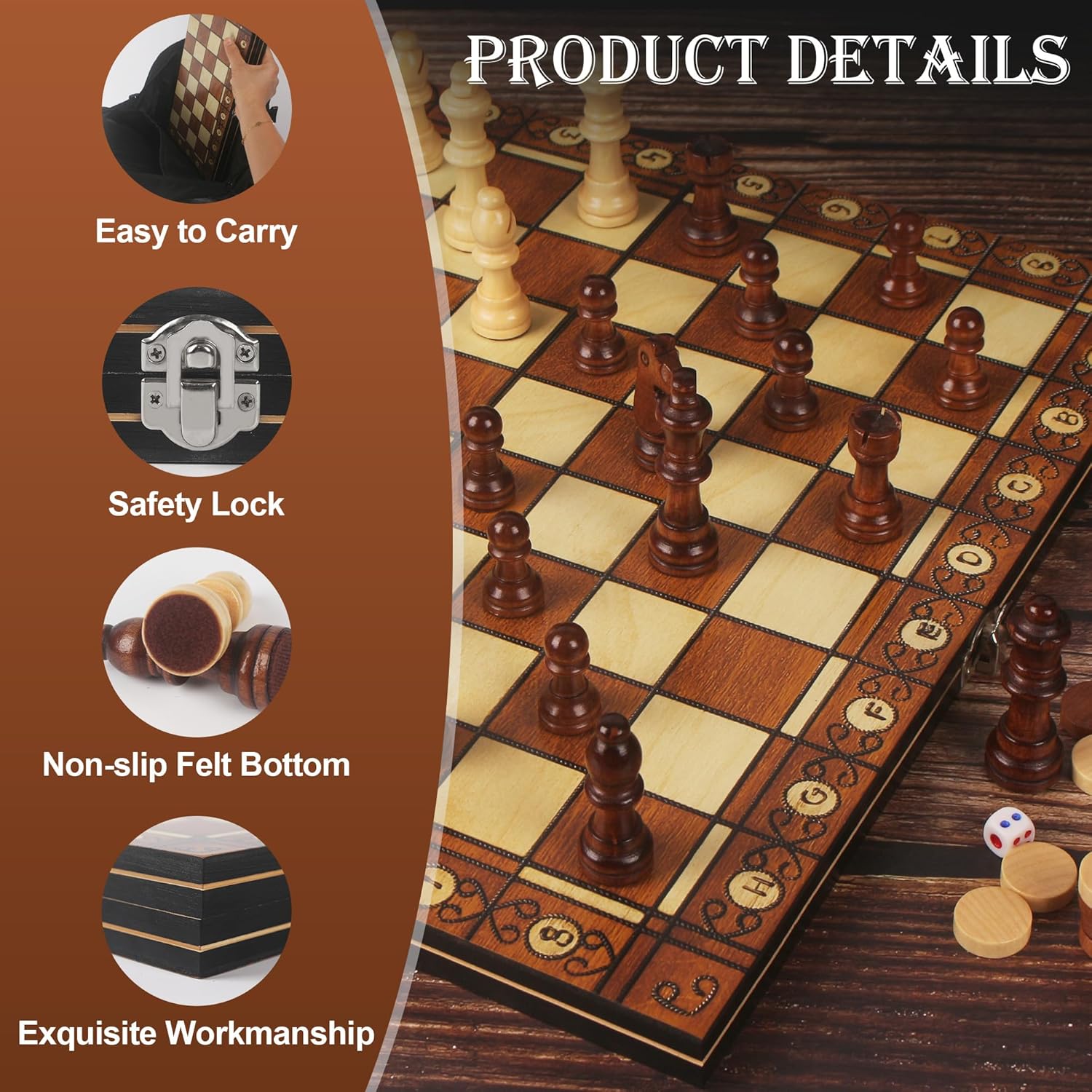 Thumbnail 4 de Nuangoo Scacchiera in Legno 34x34 cm 3‑in‑1