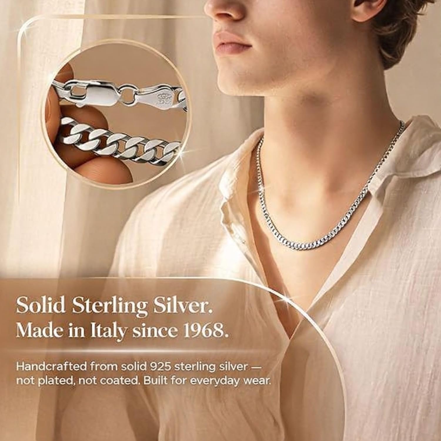 Detalle de QUADRI 925 Silver Cuban Link Necklace for Men – 20" (51 cm)