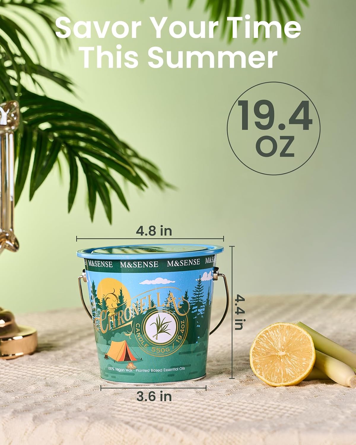 Detalle de M&SENSE Citronella Outdoor Candles: Peppermint Lemongrass Scent, 19.4 oz