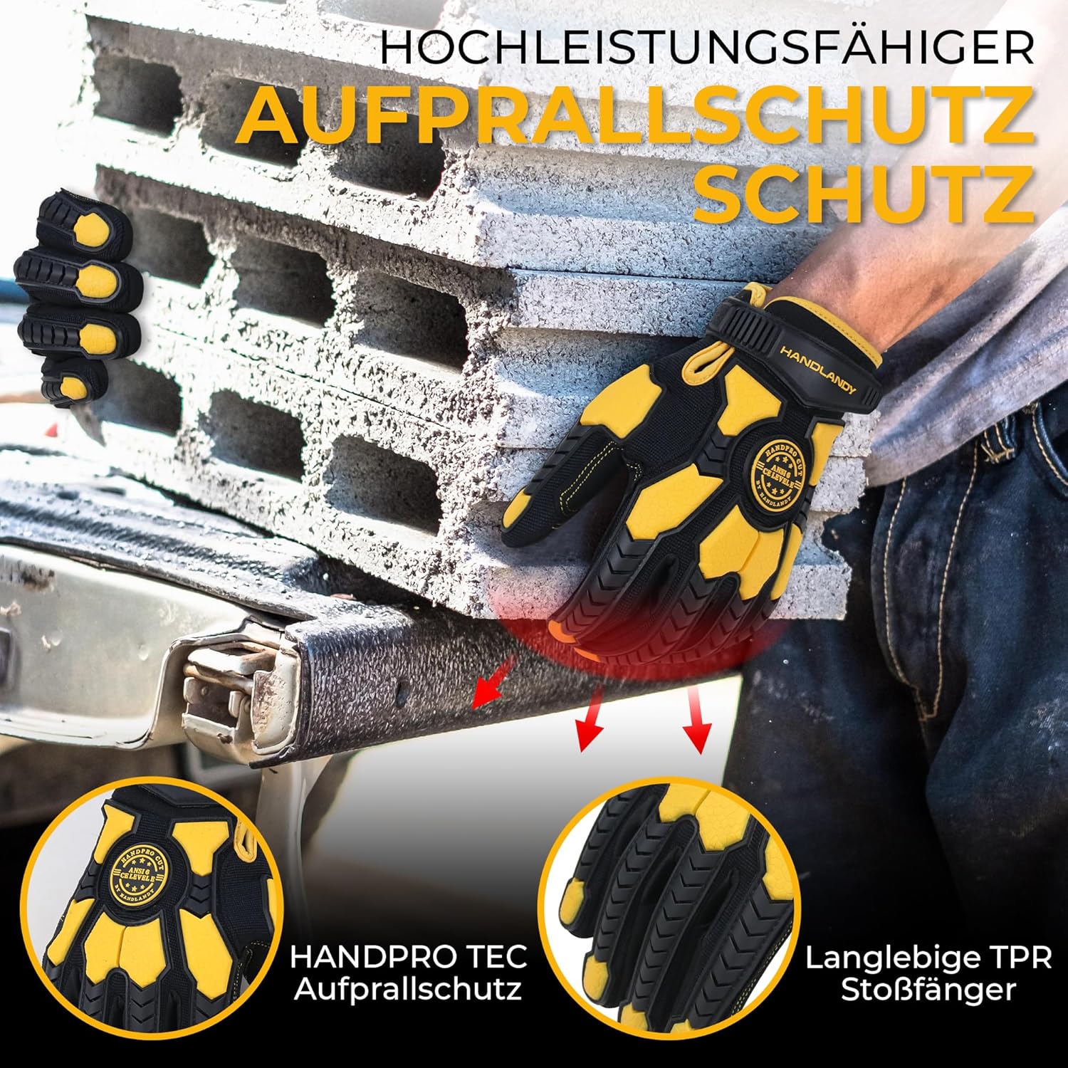 Thumbnail 2 de HANDLANDY Schnittfeste Handschuhe für Männer mit Anti-Vibrations-Schutz, gepolsterter PVC-Handfläche (Schwarz-Gelb) – Größe L