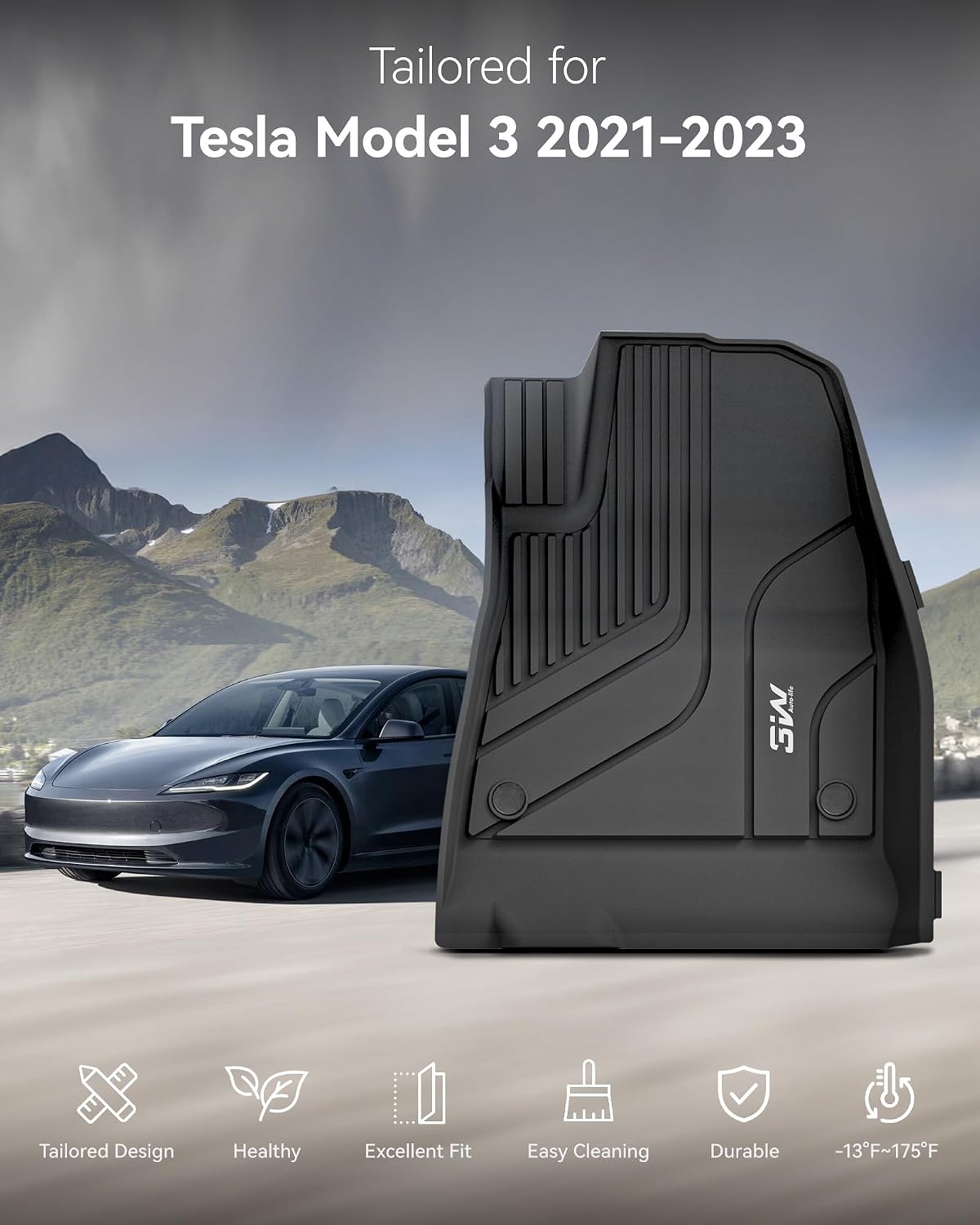 Thumbnail 1 de 3W All-Weather Floor Mats & Boot Liner for Tesla Model 3 (2021–2023) – Odorless TPE, 6‑Piece Set