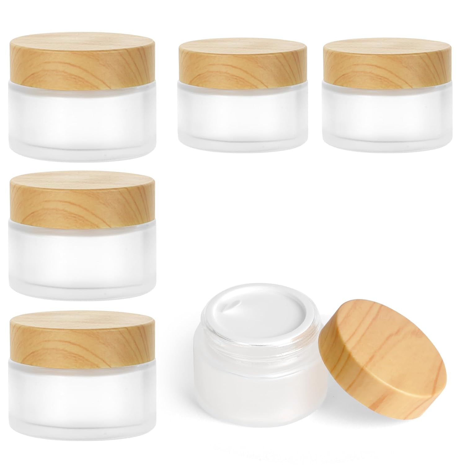 Detalle de HOTUT Glas Leerdose Set – 6 Cremedosen zum Befüllen, 60 g Fassungsvermögen, UV‑Schutzglas mit Holzmaserung Deckel