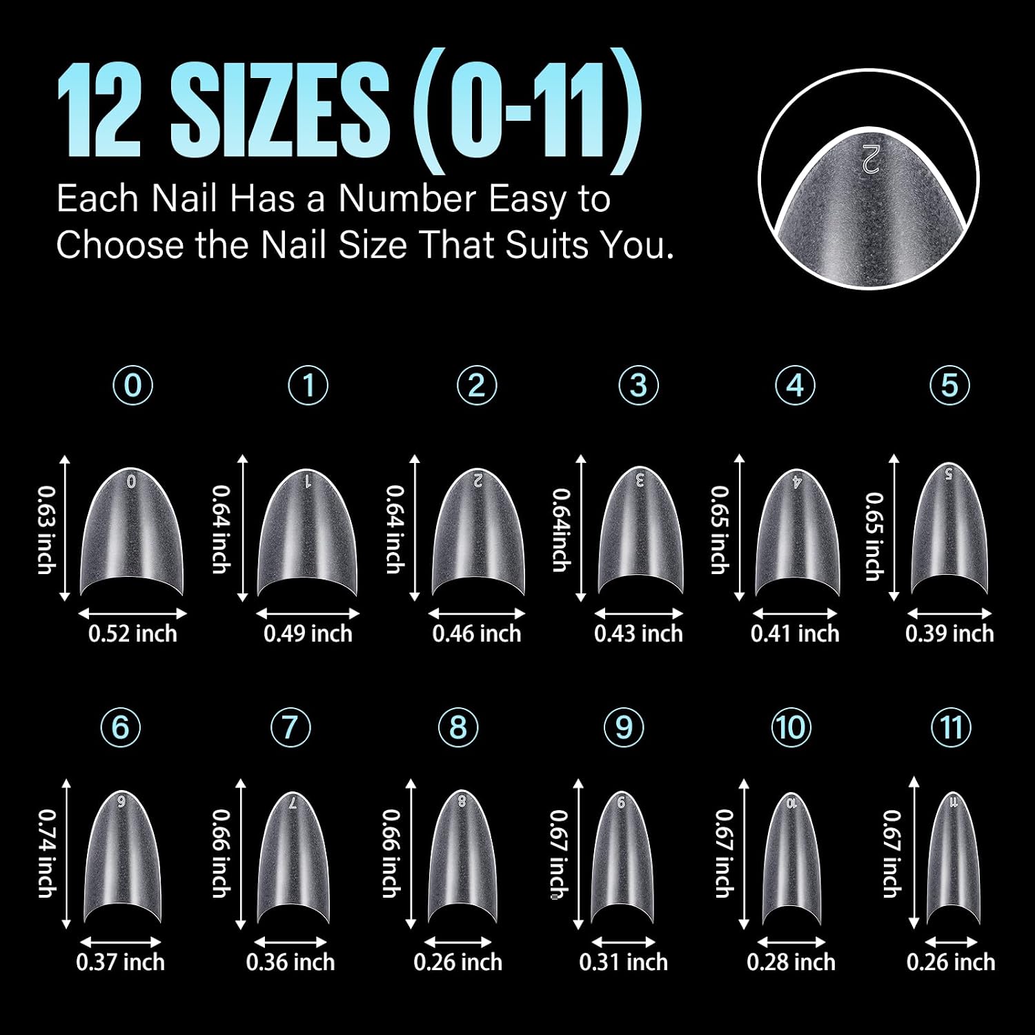 Detalle de TOMICCA Nagelspitzen Kurz Mandel – 240 klare Tips in 12 Größen für Acryl & Gel (ohne Kleber)