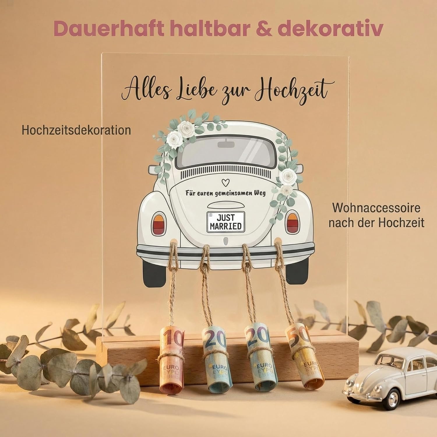 Thumbnail 4 de Kreatives Geldgeschenk Hochzeit – Acryl-Aufsteller mit Holzsockel, Vintage Auto Motiv