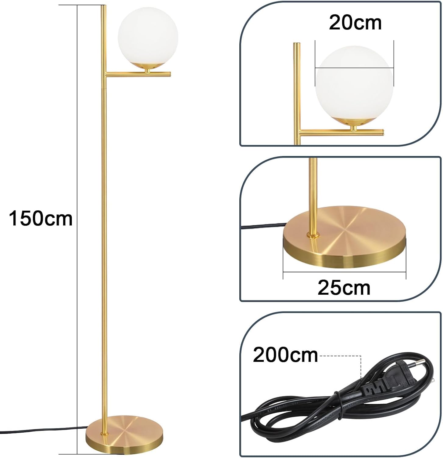 Detalle 2 de ZMH Lampadaire moderne pour salon — 3 ampoules E27, design doré et boule de verre