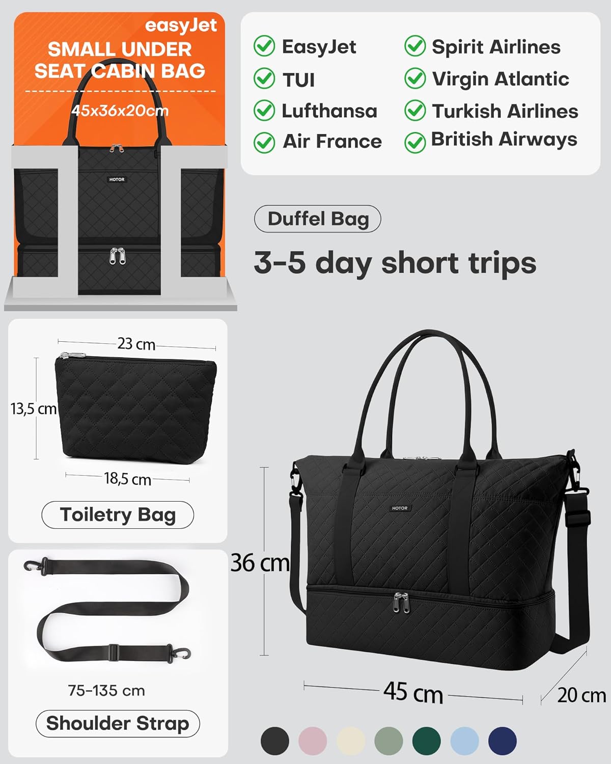 Thumbnail 2 de HOTOR women’s lightweight travel holdall with shoe compartment and toiletry bag, black (34 x 45 x 20 cm)