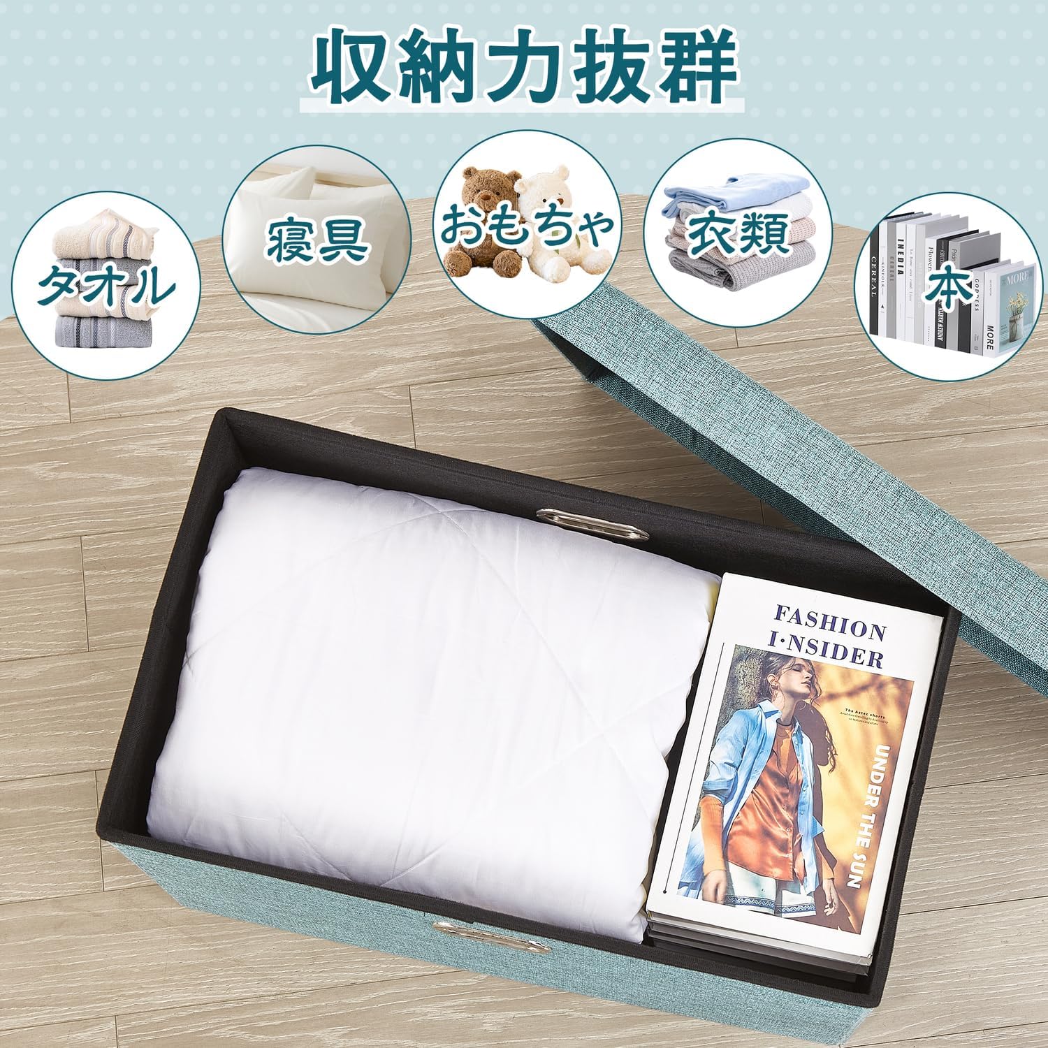 Detalle de VECELO KHD-BO-SN60-GRN 収納スツール 幅60×奥行36×高さ36cm、折りたたみ・持ち手付き