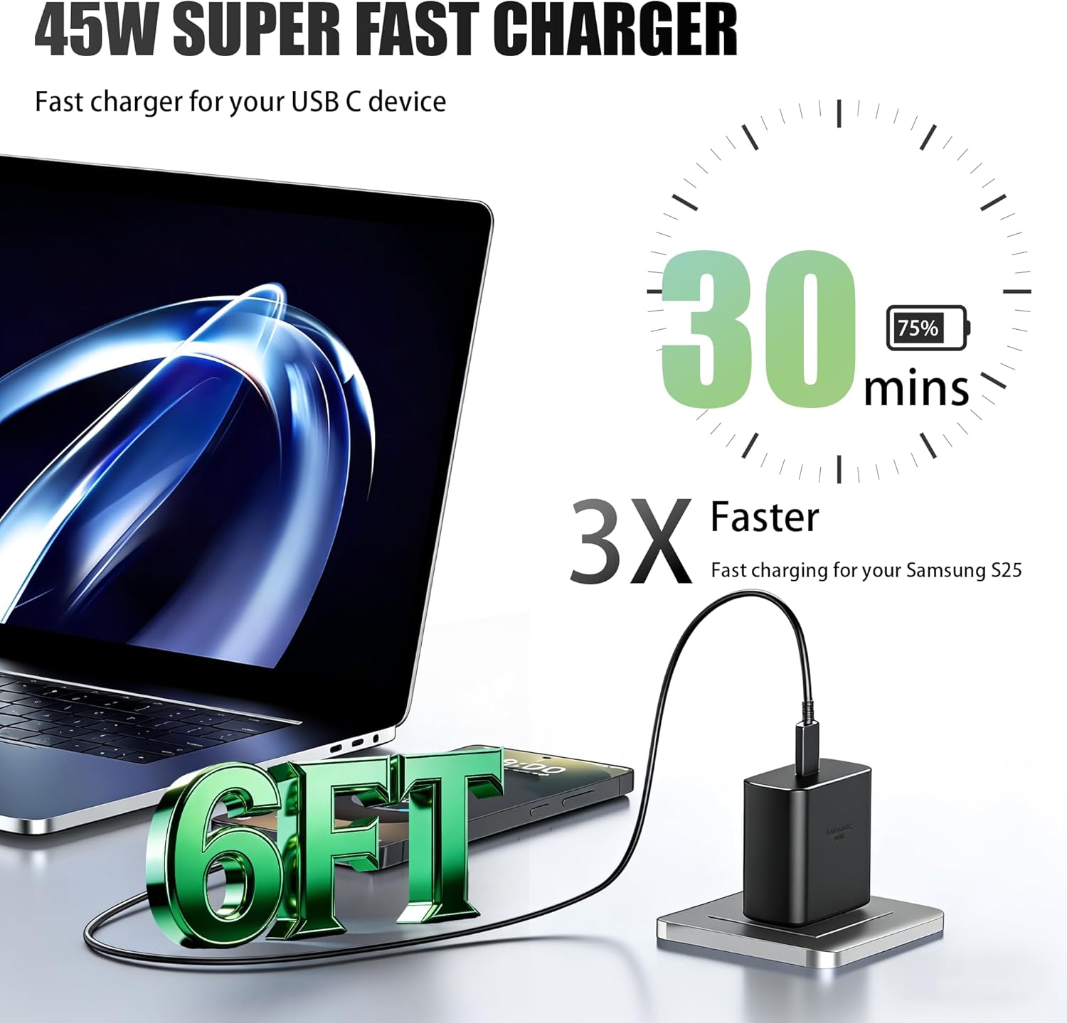Detalle de QFA 45W USB-C Charger with 6FT C-to-C Cable — Fast USB-C PD Charging for Samsung Galaxy S25/S24/S23 Ultra and More