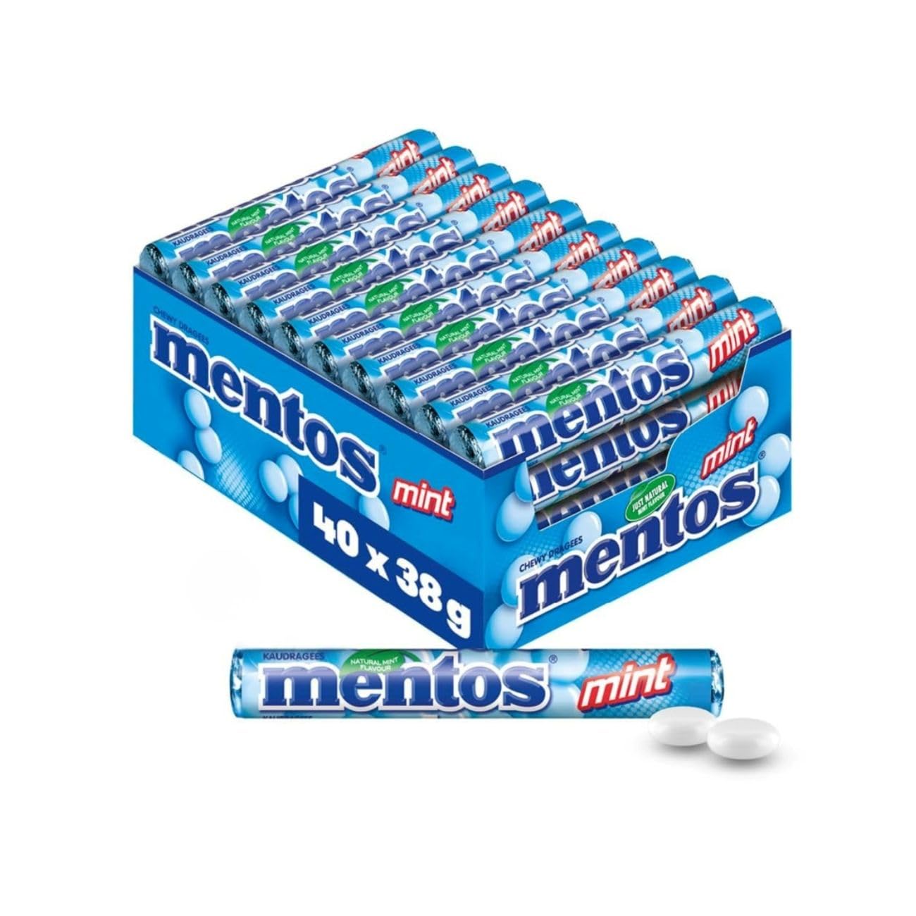 Detalle de Mentos Kaubonbons Mint – Vegane Pfefferminz-Dragees in Multipack (40 Rollen) als Verkaufsdisplay