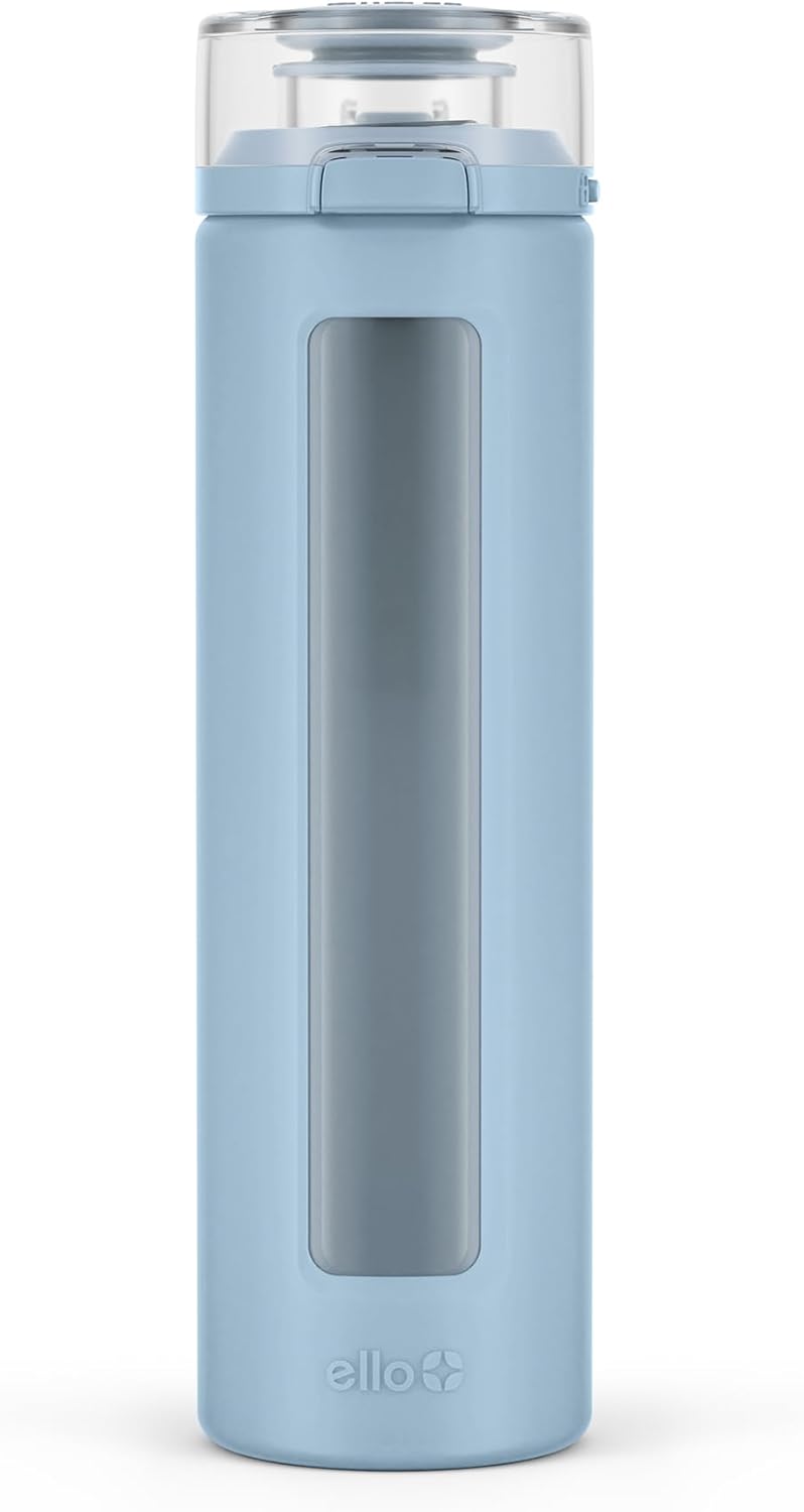 Detalle de Ello Syndicate 20oz Reusable Glass Water Bottle with One-Touch Leak-Proof Flip Lid (Tech Blue)