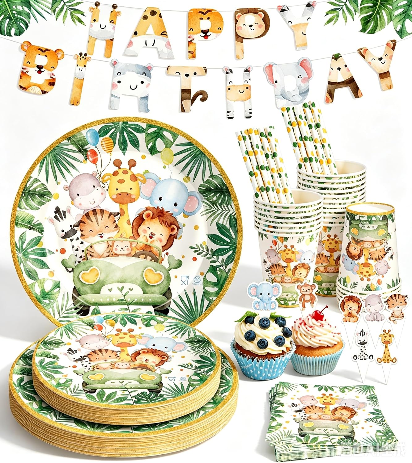 Ophy Set stoviglie per feste Jungle Safari, 134 pezzi con striscione e decorazioni per bambini