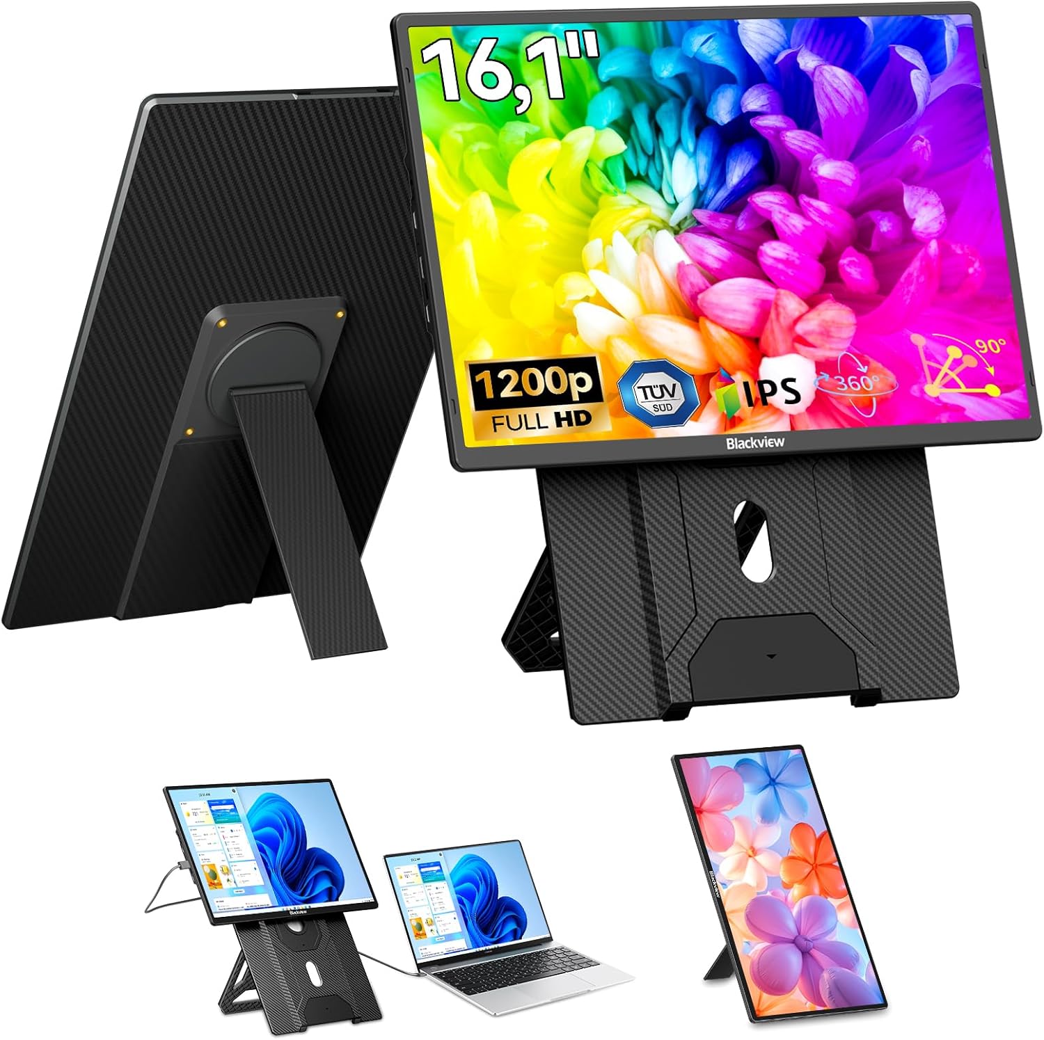 Detalle de Blackview 16.1 Zoll ultradünner tragbarer Monitor – Plug & Play, 16:10 FHD, 360° Magnetständer