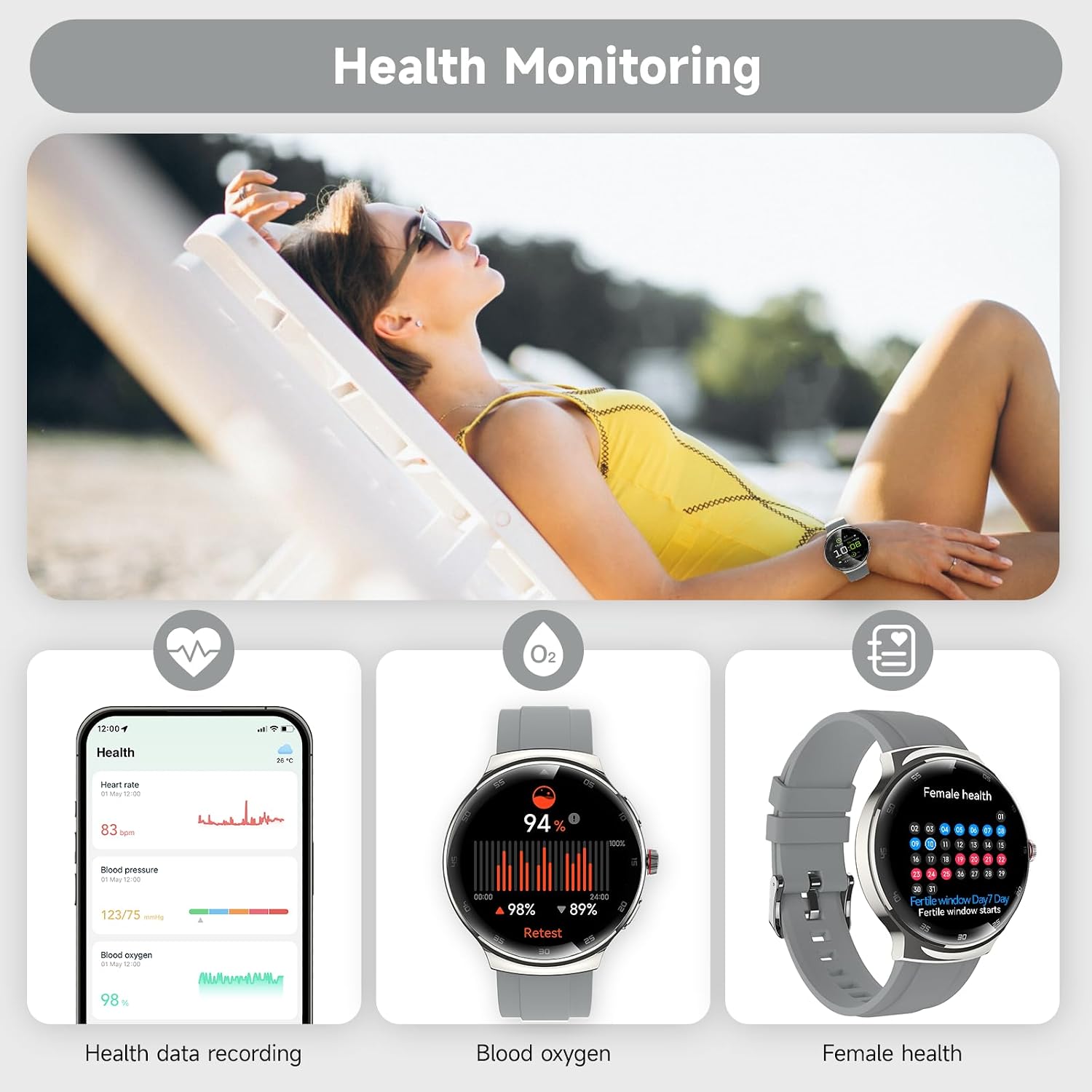 Detalle de Smart Watch for Men & Women: 1.43" AMOLED Curved Screen, 150+ Sport Modes, Dual Straps