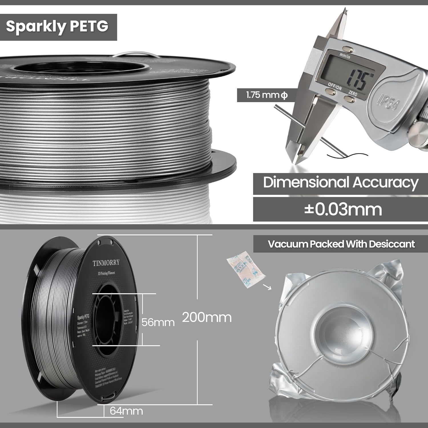 Thumbnail 5 de Funkelndes PETG Filament 1,75 mm von TINMORRY – 1 kg Spule, Silber, kompatibel mit Bambu 3D-Druckern