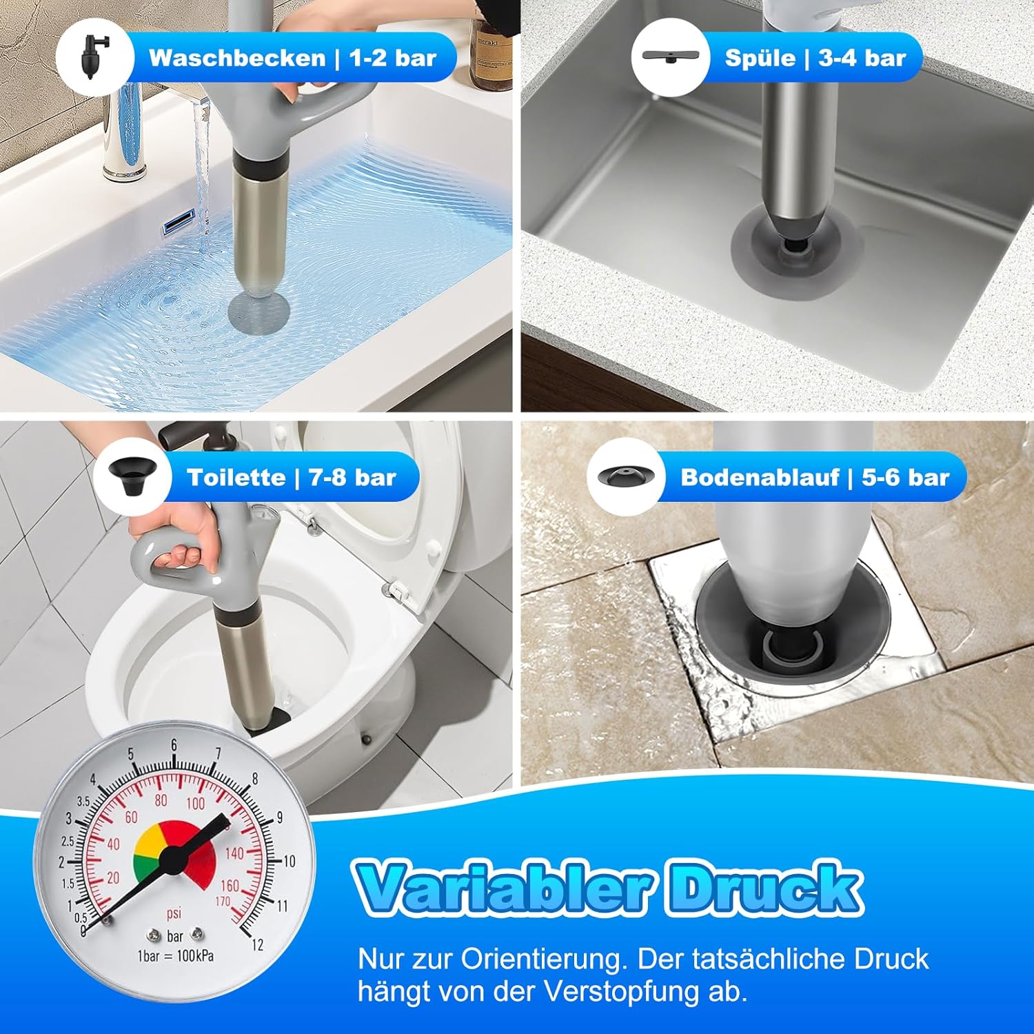 Detalle 2 de Turstand Druckluft-Abflussreiniger mit Pumpe, integriertem Druckanzeiger und 4 Saugnäpfen (dunkelgrün)