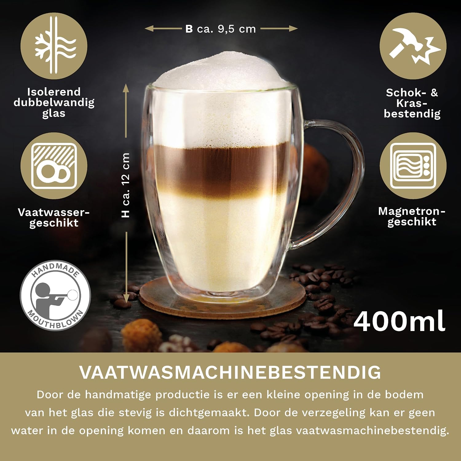 Detalle de Creano 411 dubbelwandige glazen met oor, 400 ml, borosilicaatglas, set van 6