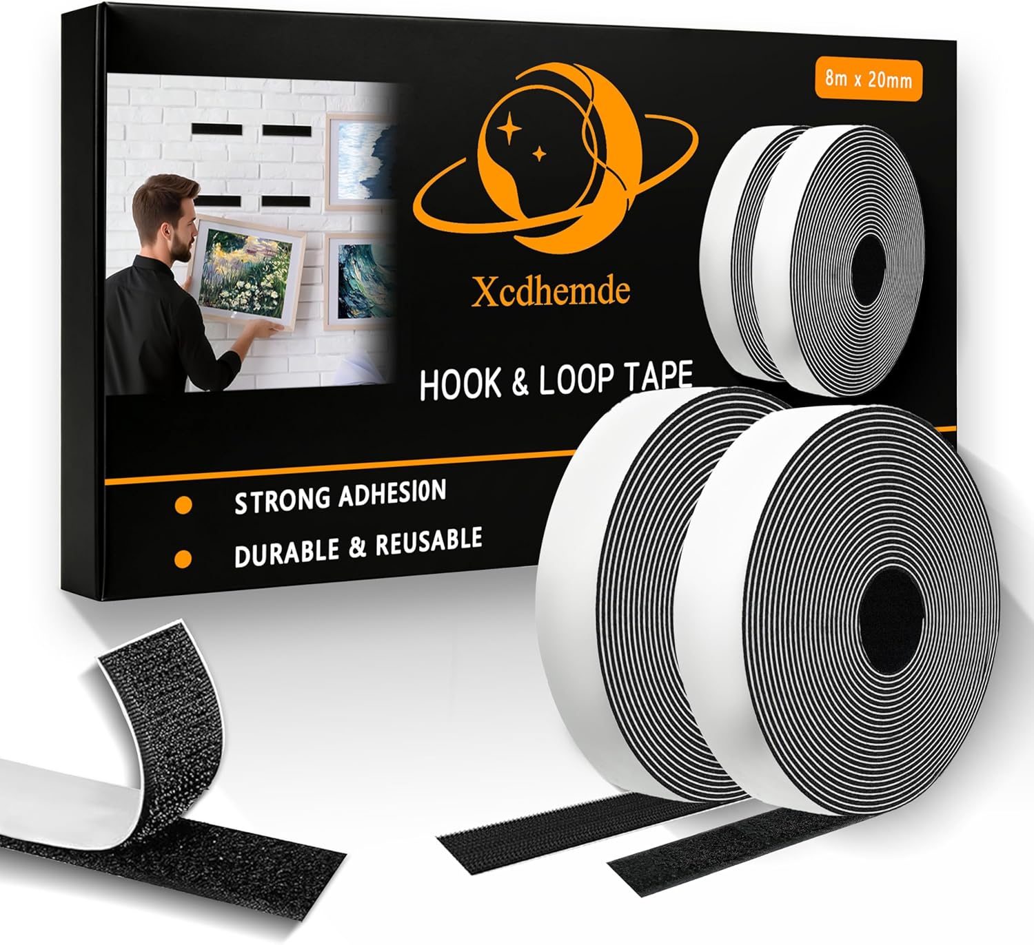 Xcdhemde nastro autoadesivo in velcro 8 m x 20 mm (nero) riutilizzabile