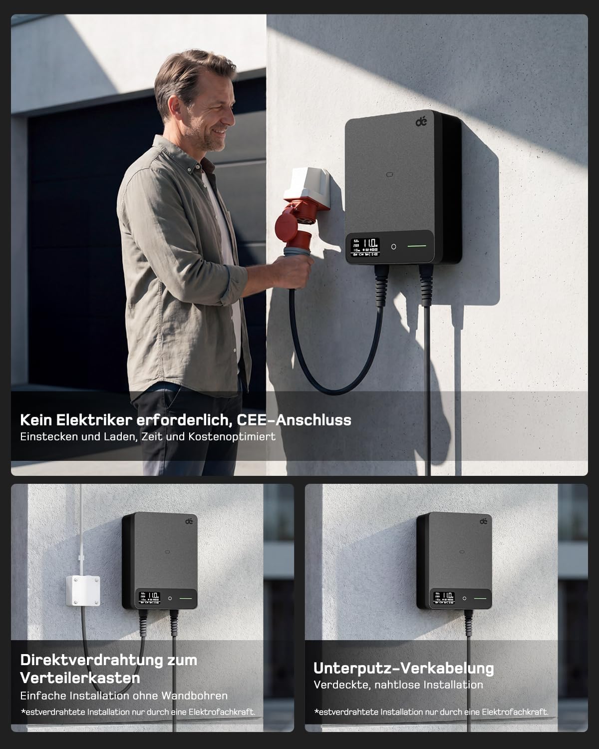 Detalle 2 de dé Wallbox 11kW mit APP – 12,5 m Typ 2 Kabel, 3-Phasen EV-Ladegerät, IP54, RCD Typ A 30mA/6mA
