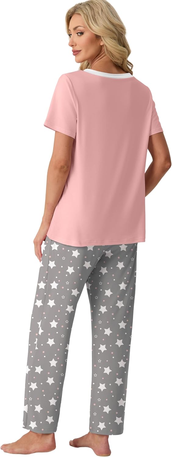Detalle 2 de VINTATRE Womens Pajama Sets Two-Piece Pyjama Set, Short Sleeves & Pockets, XS-4XL