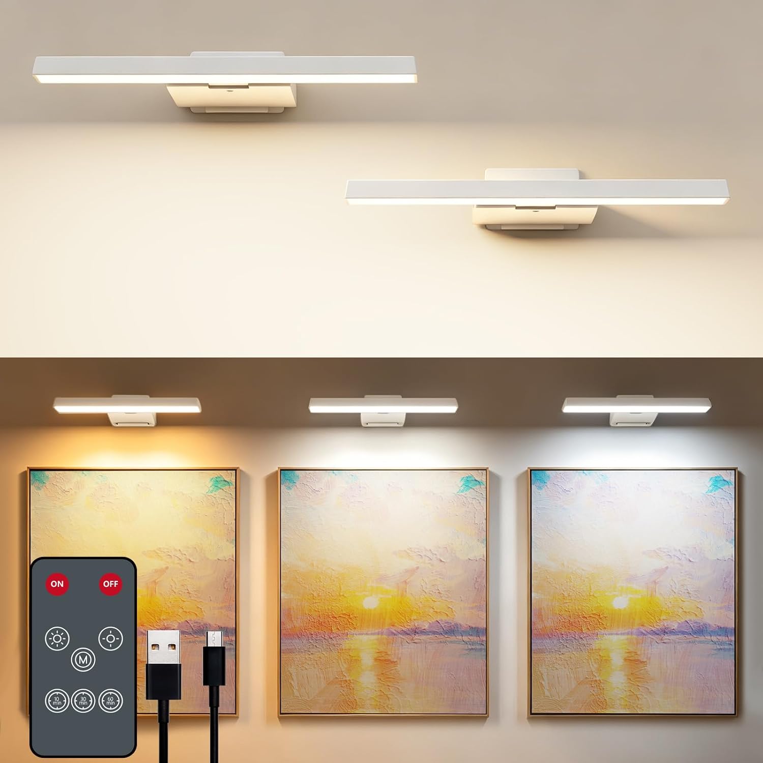 Coollamp 2Pack Picture Lights for Wall – Cordless LED Dart Board & Art Lighting with Remote, 3 Colour Temperatures
