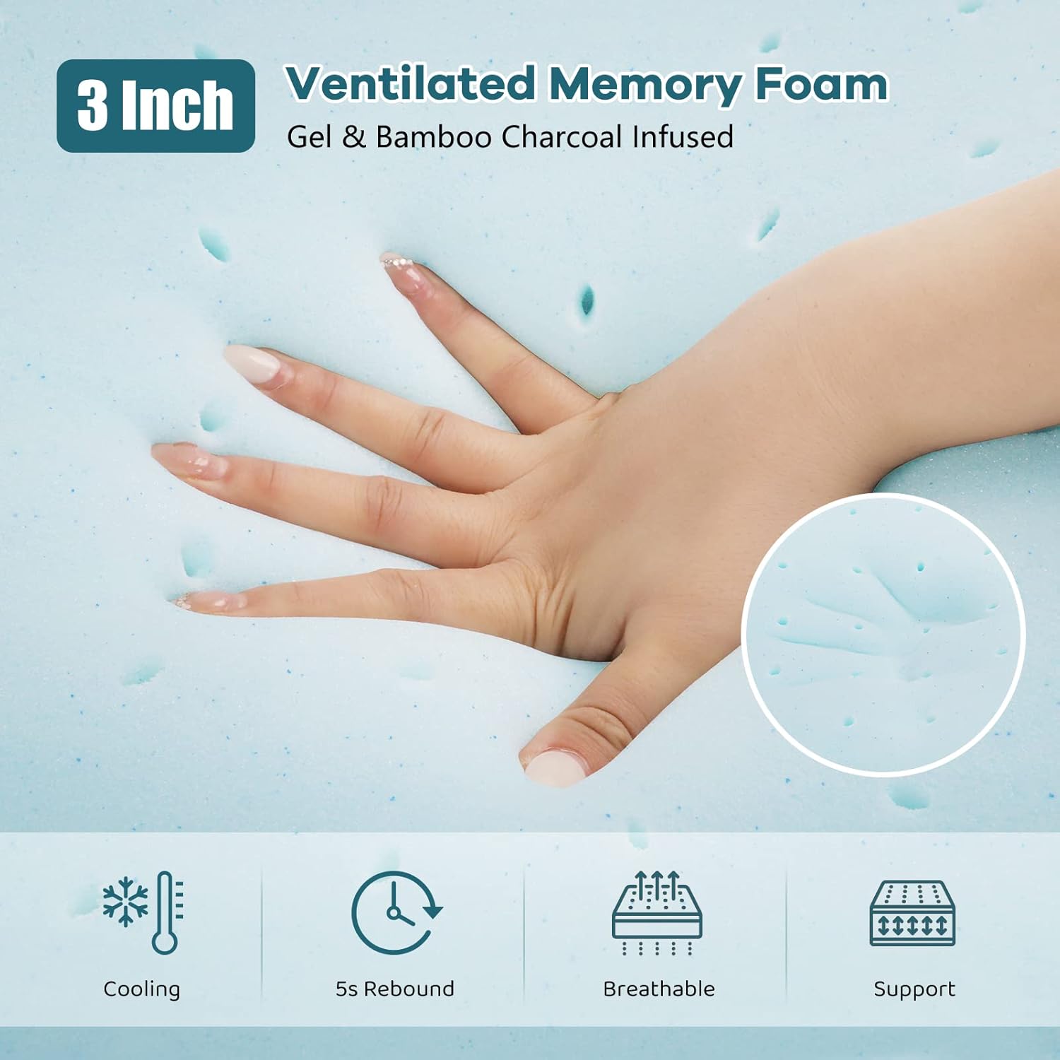Thumbnail 2 de Vesgantti 3 Inch Memory Foam Mattress Topper (King Size) with Gel & Bamboo Charcoal Infusion