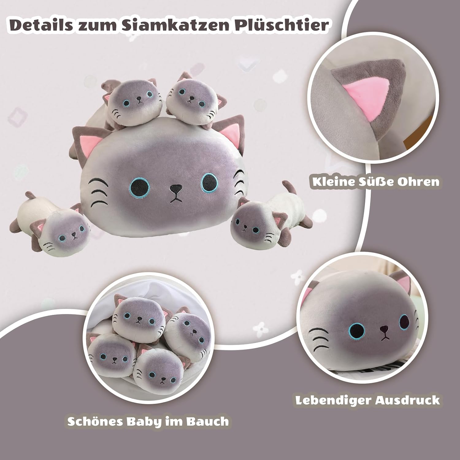 Thumbnail 4 de SQEQE Siamese Cat Plush with 4 Babies: 5-in-1 Cozy Set for Kids and Adults