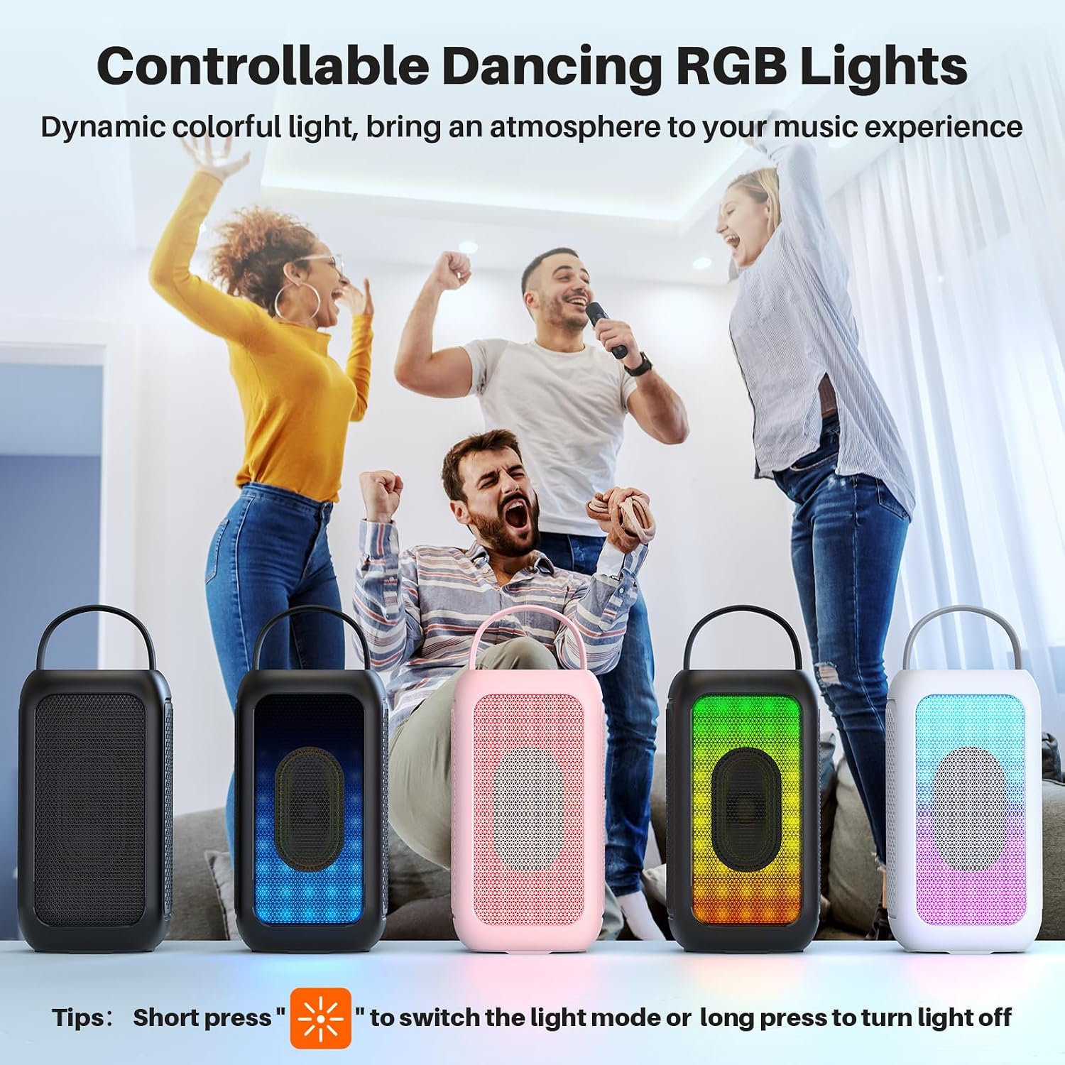 Detalle 2 de Bobtot Tragbarer Bluetooth-Lautsprecher mit Mikrofon, 16 Std. Akku, RGB-Effekt, Echo- und EQ-Modus – Schwarz