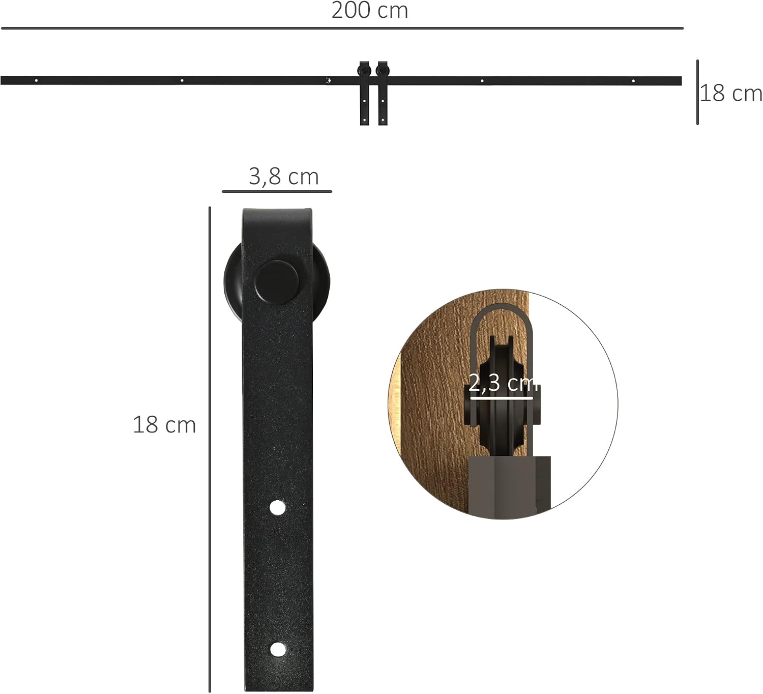 Thumbnail 6 de HOMCOM rail pour porte coulissante de 200 cm (quincaillerie pour porte de grange simple) en acier au carbone noir
