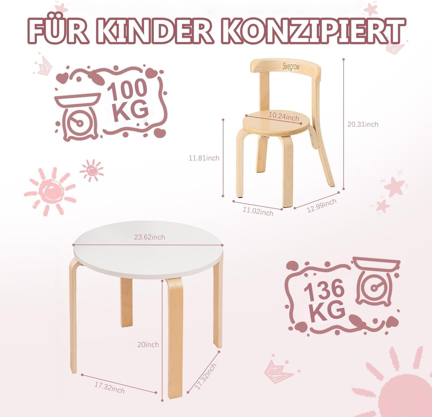 Detalle de Swegrow Kids Table and 4 Chairs Set — Wooden Table and Chairs for Kids & Toddlers (3–8 years)