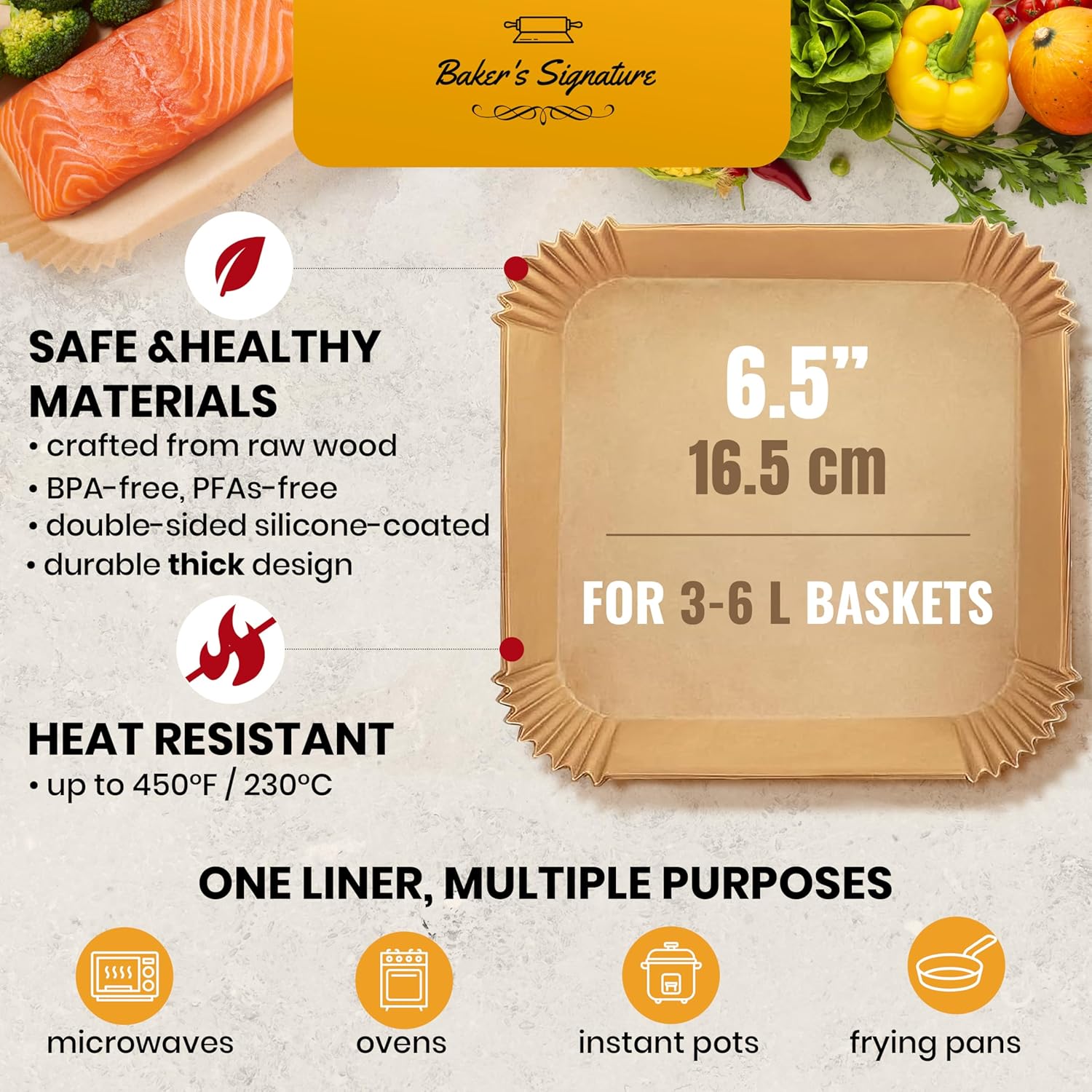 Thumbnail 2 de Baker's Signature Air Fryer Liners (50 Pack, 6.5" Square) – non-stick, oil-proof disposable liners