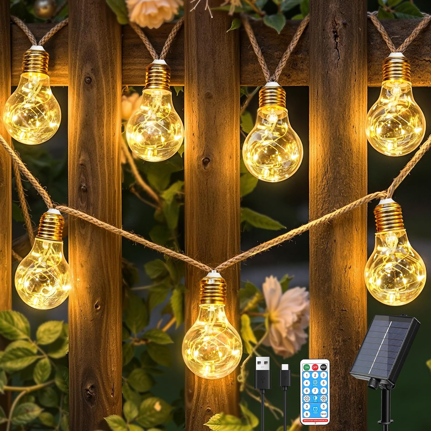 Detalle de Ollny Solar Lichterkette Außen – 24 Glühbirnen, 12 m (Name/Angabe) – wetterfest, 8 Modi, Timer, Dimmbar, Hanfseil