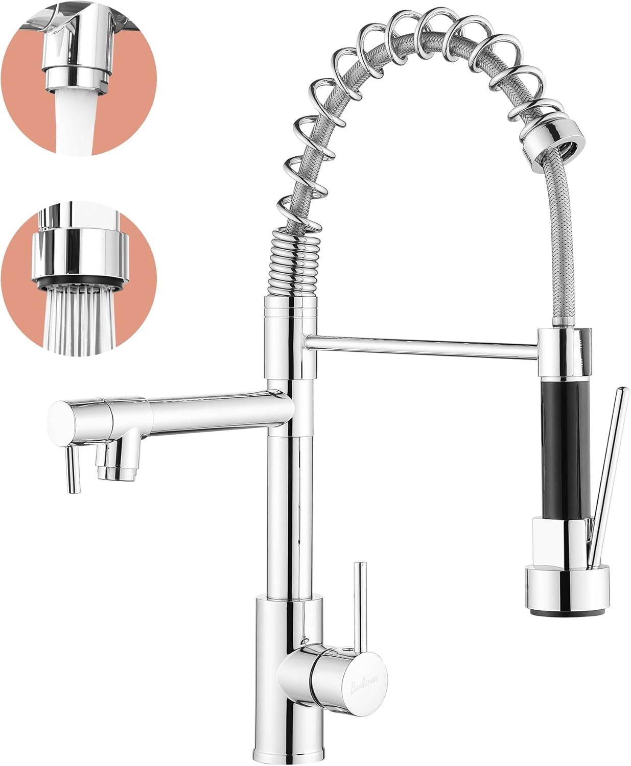 Detalle de Robinet de cuisine avec douchette extractible et rotation à 360° — Mitigeur haute pression en acier inoxydable 304