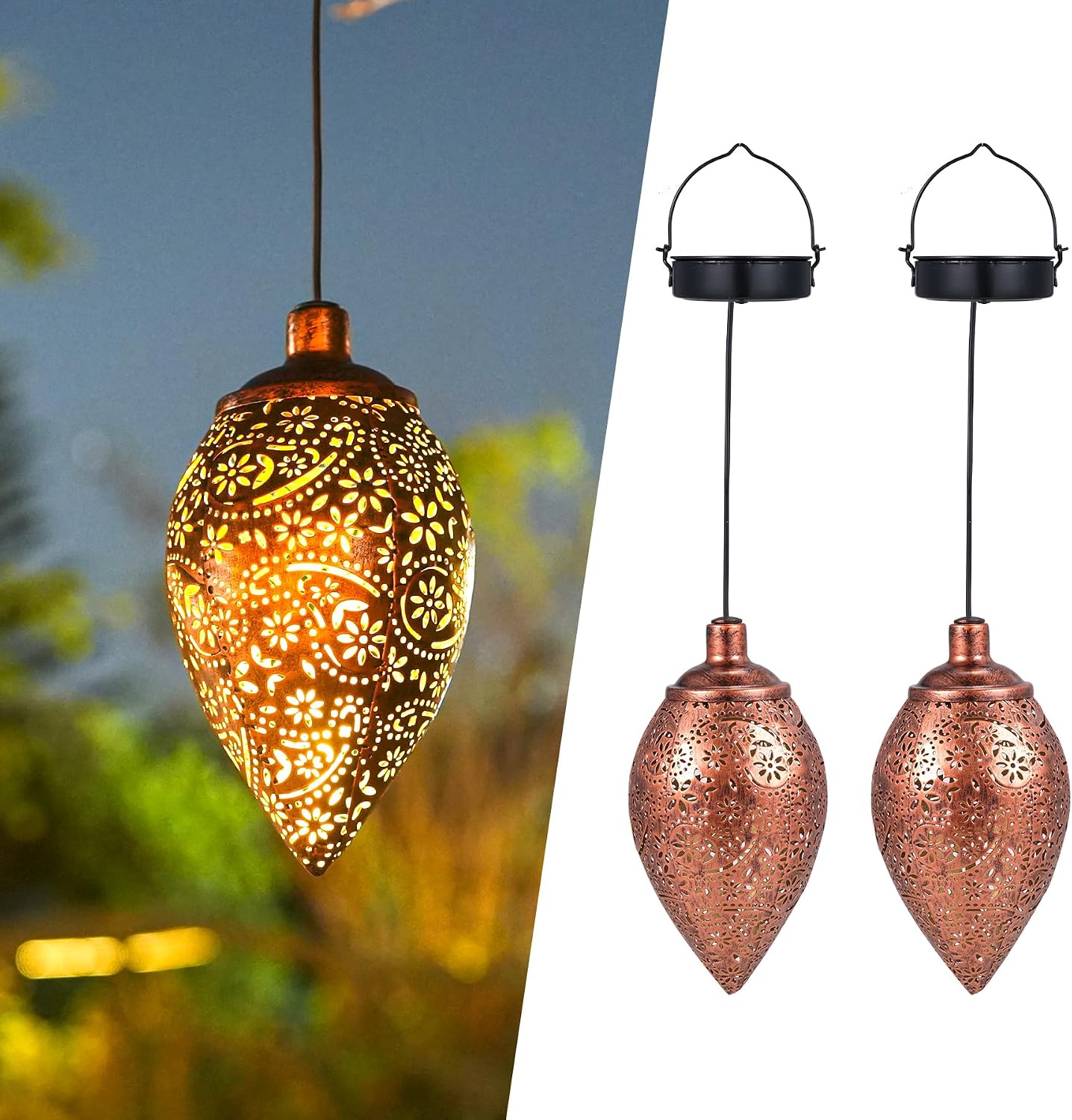 Detalle de Görvitor Solarlaterne für Außen (Olivenform) – 2er-Set, Metall, warmweiß, wasserdicht IP65