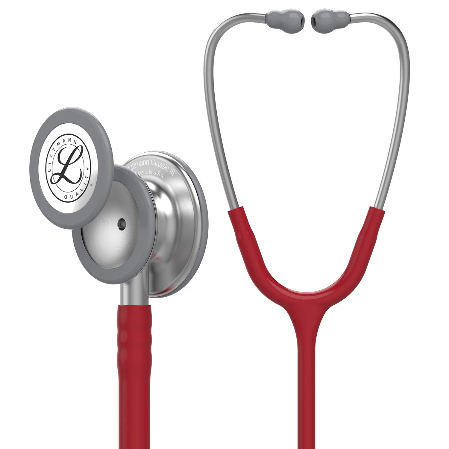 Detalle de Littmann Classic III 5627 stetoskop med vinröd slang och bröststycke i rostfritt stål