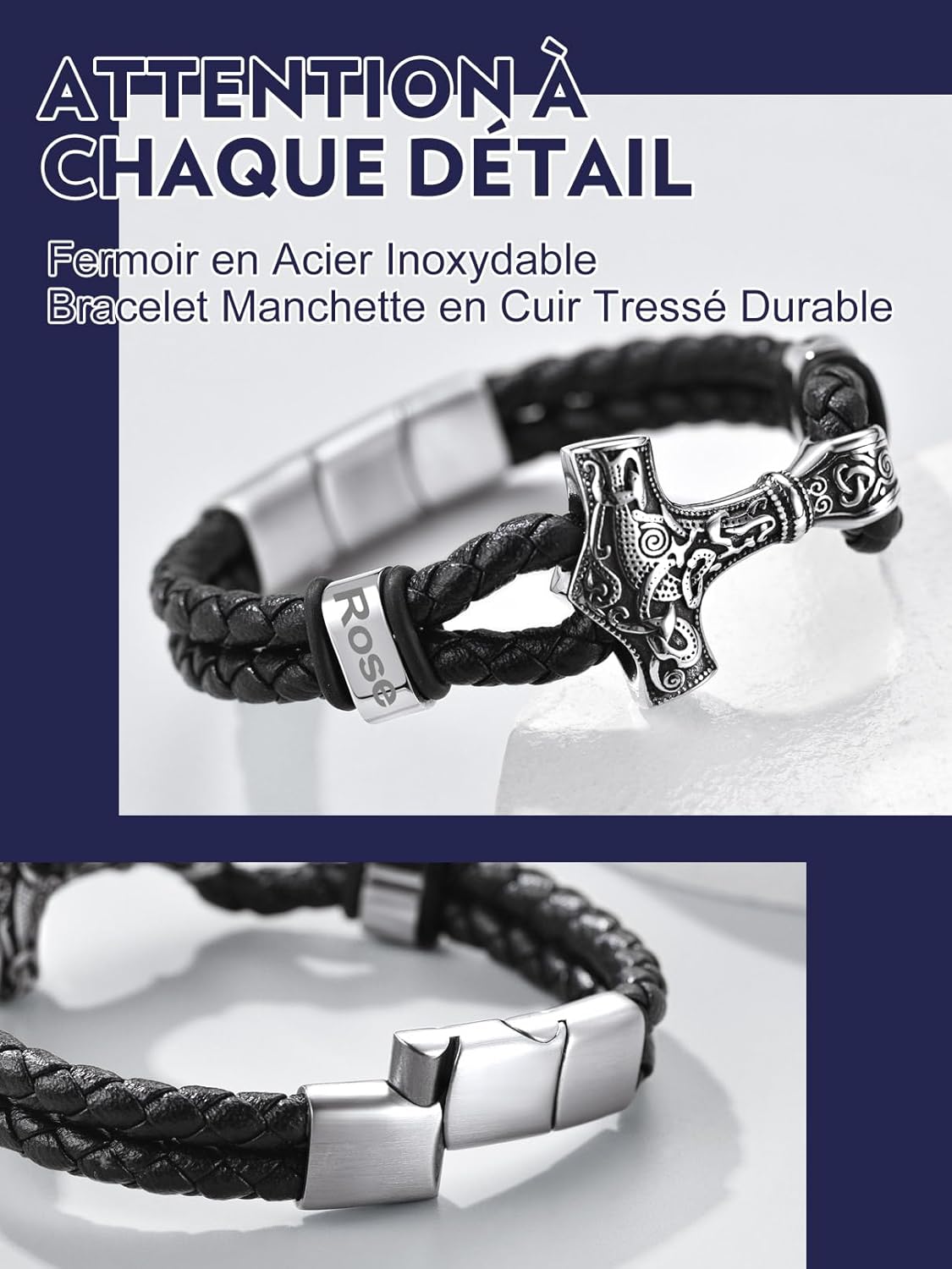 Thumbnail 6 de Bandmax Bracelet homme en cuir PU tressé noir avec manchette marteau (21 cm/23 cm) – fermoir ajustable