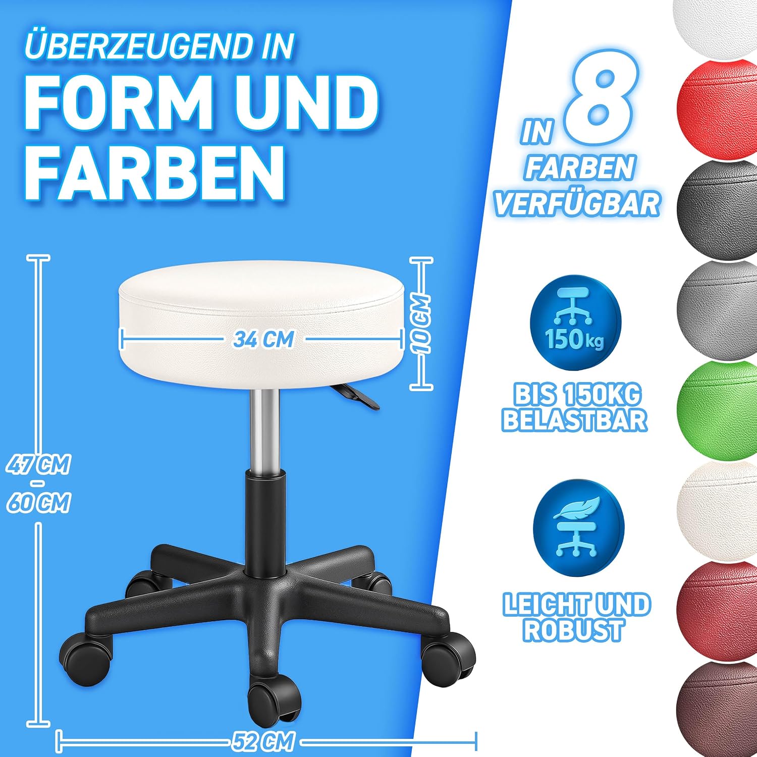 Detalle de TRESKO Rollhocker höhenverstellbar Beige bis 150 kg – 360° Drehhocker mit Rollen