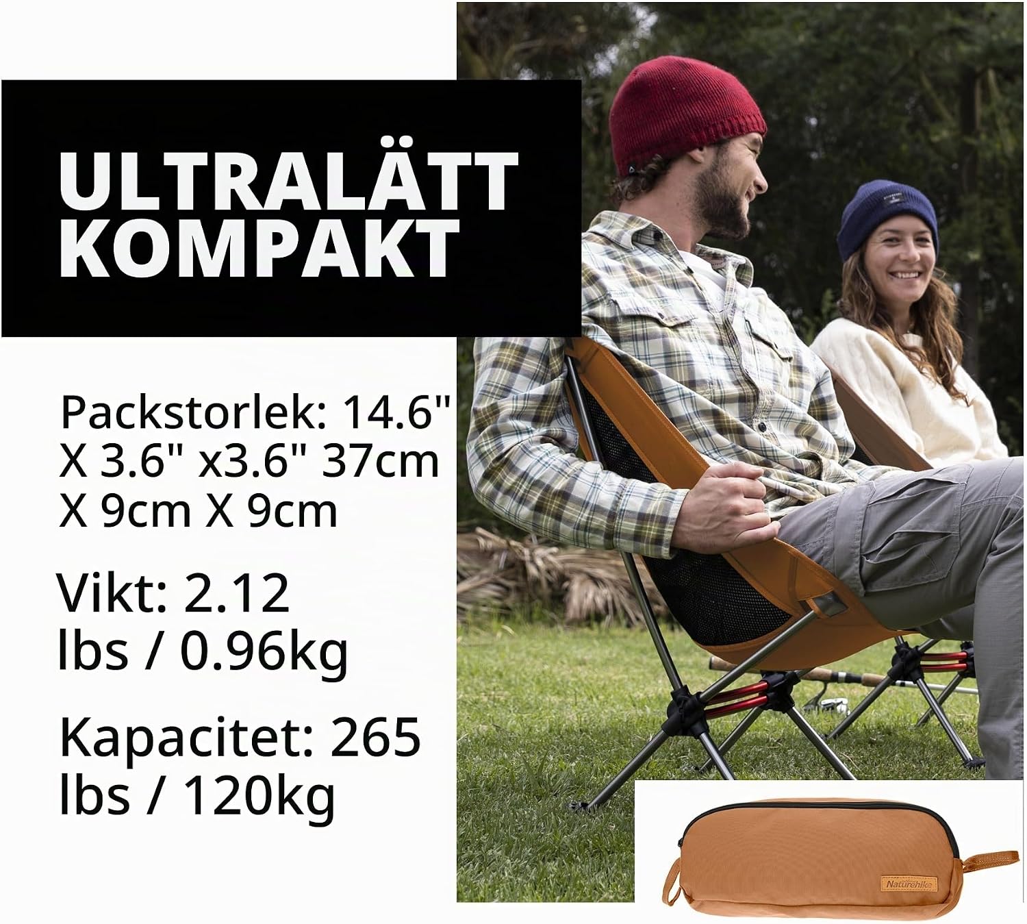 Detalle 2 de Naturehike YL08 hopfällbar campingstol, gul S med aluminiumram och 600D Oxfordtyg