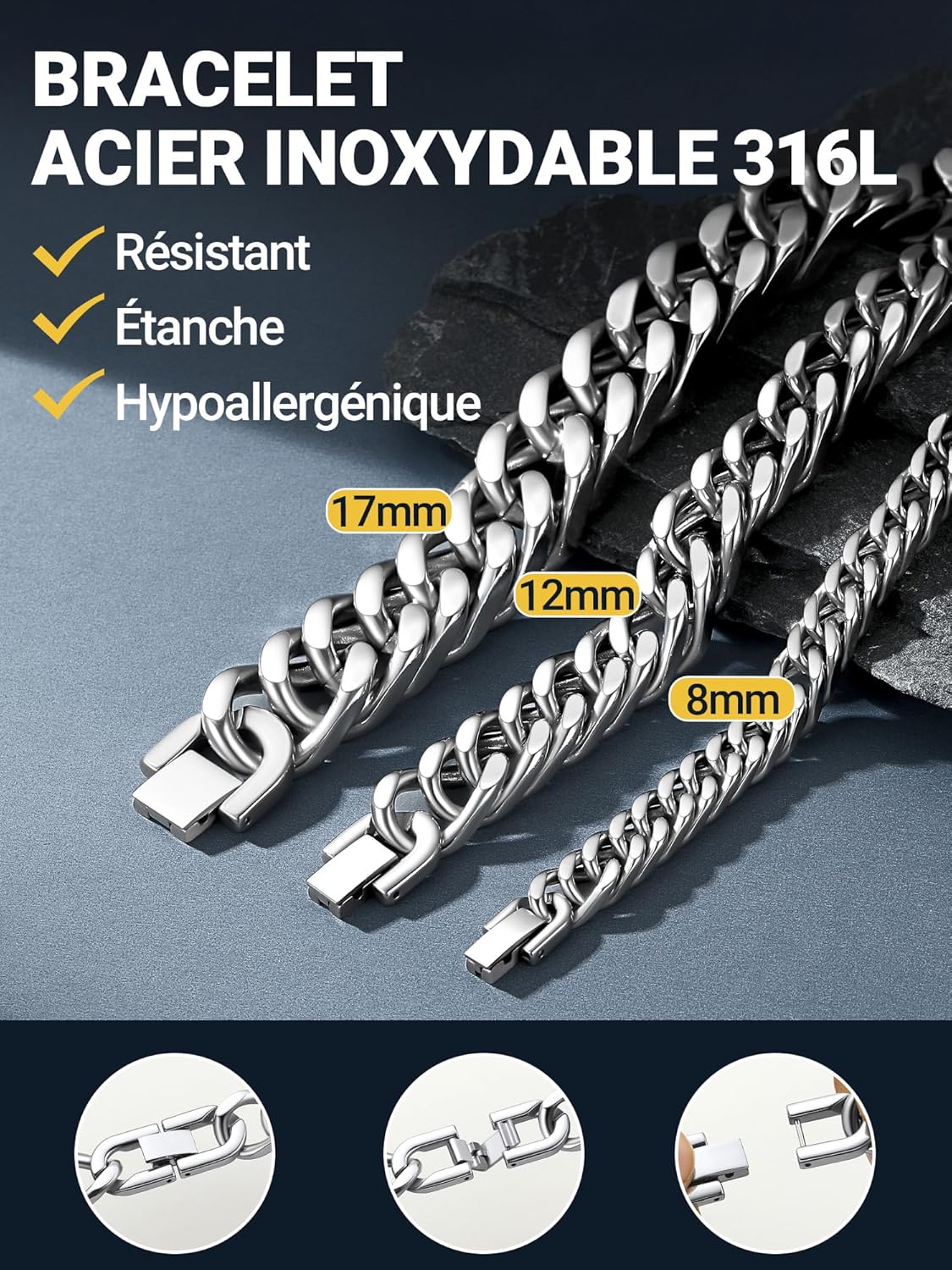 Thumbnail 5 de PROSTEEL Gourmette Homme Acier Inoxydable 21 cm