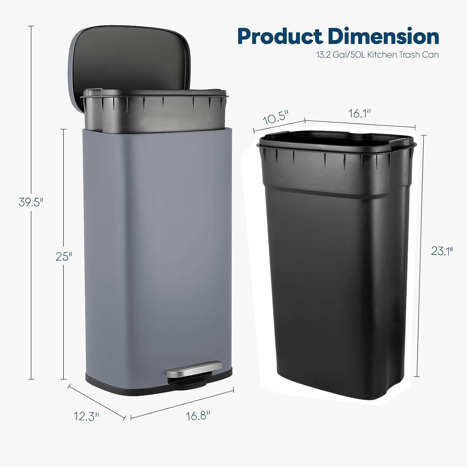 Detalle de ComfyCorner 13.2-Gallon Step-On Kitchen Trash Can, Brushed Stainless Steel