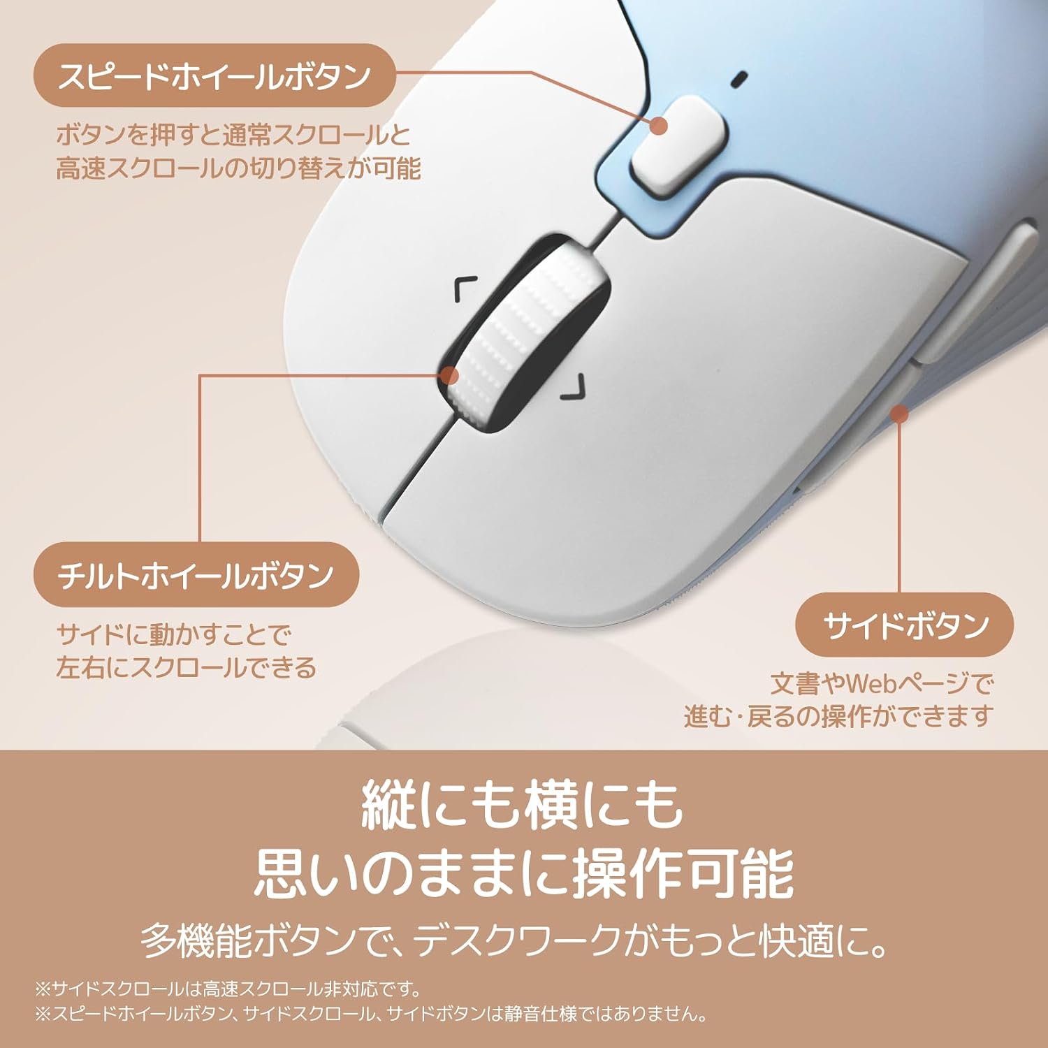 Detalle de えみふる ワイヤレスマウス 高速スクロール・静音・5ボタン、Bluetooth/2.4GHz対応