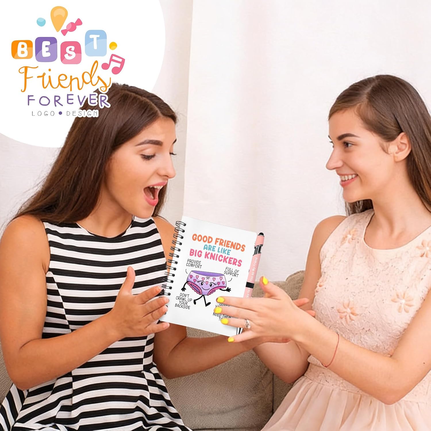 Detalle de GADITIEK Funny Best Friend Notebook, Pen & Keychain Set – “Good Friends Are Like Big Knickers”