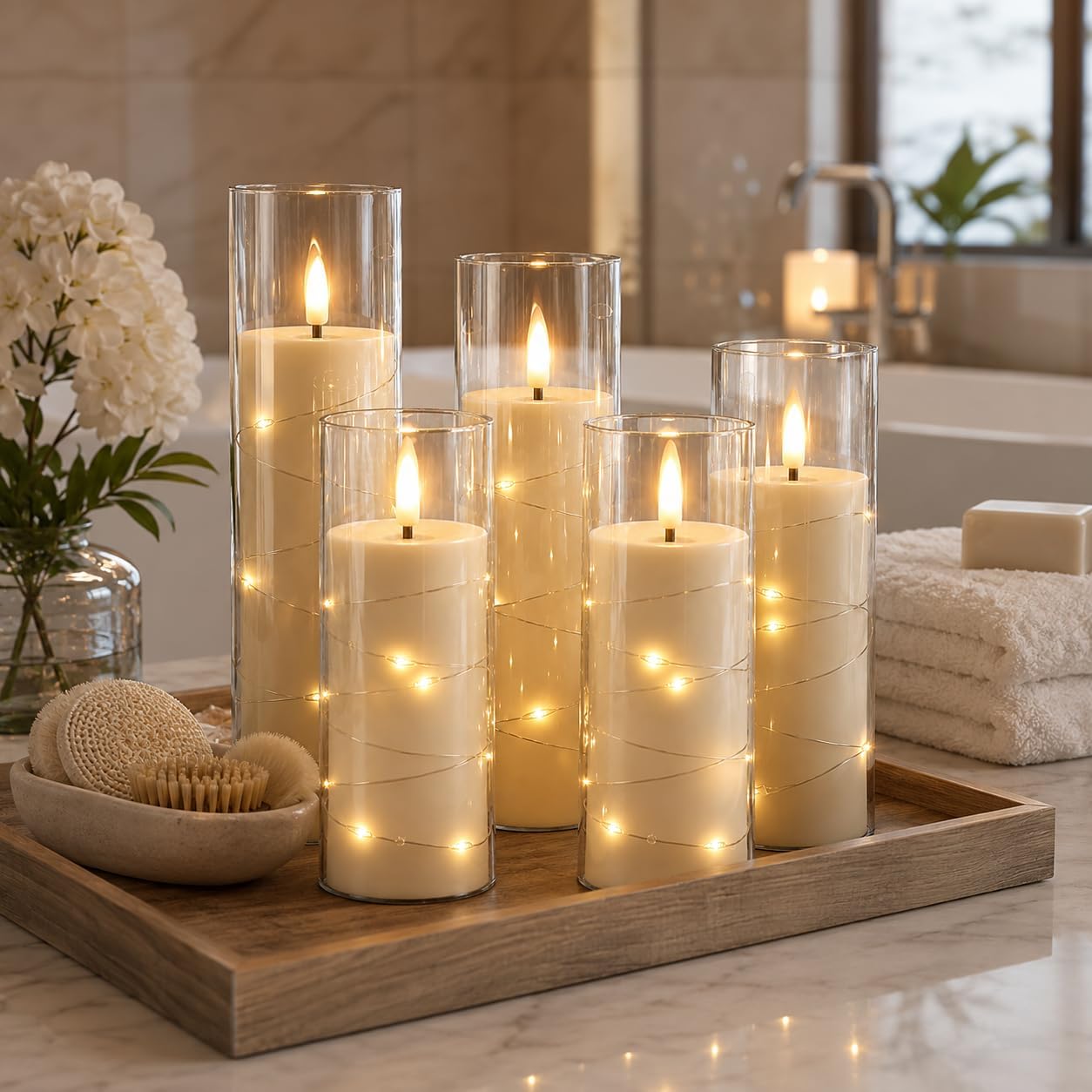 Detalle 2 de Da by 5 Candele LED Avorio con Luci Fatate – 5 pezzi con telecomando, vetro trasparente e fiamma tremolante