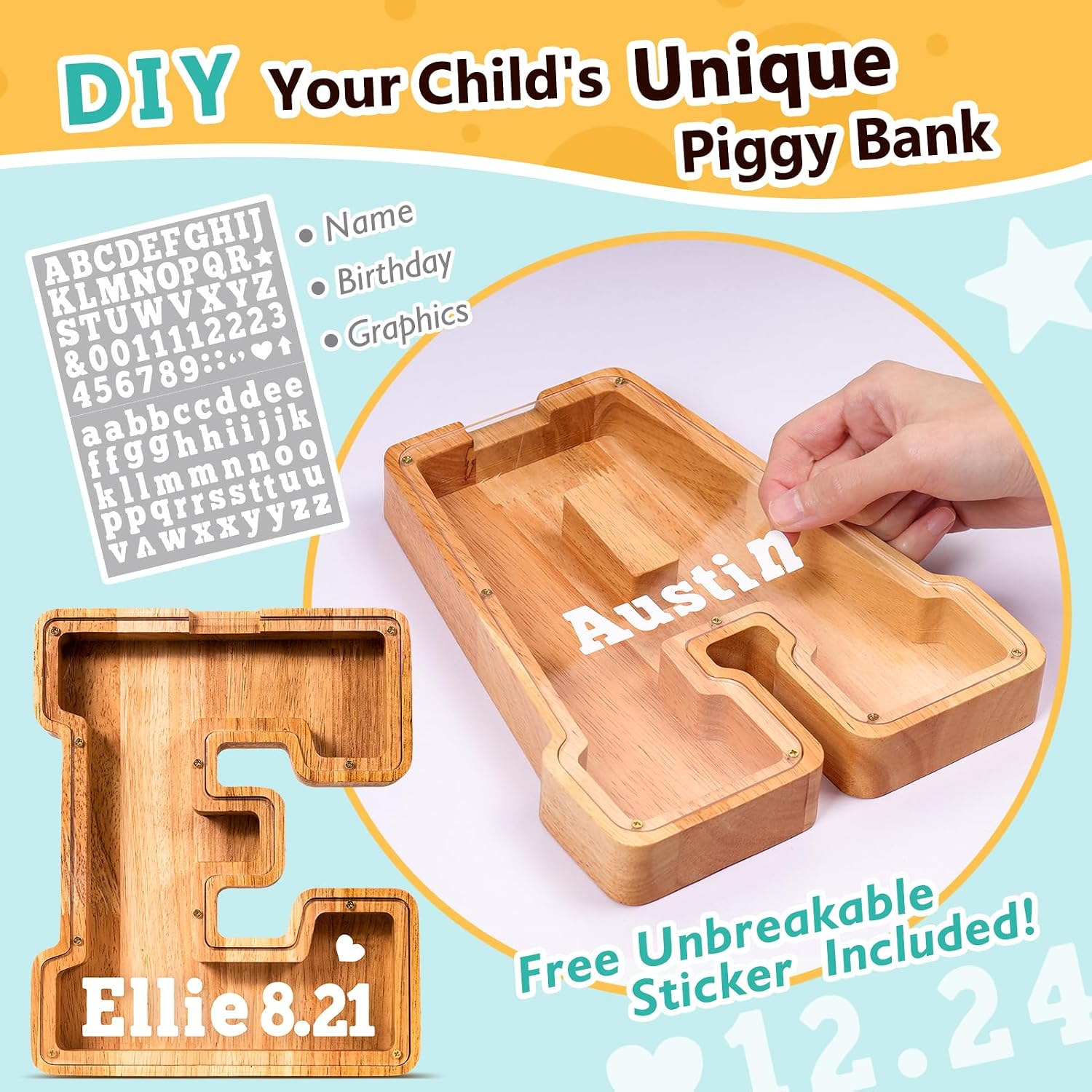 Thumbnail 2 de SummiDate Wooden Letter Piggy Bank for Kids