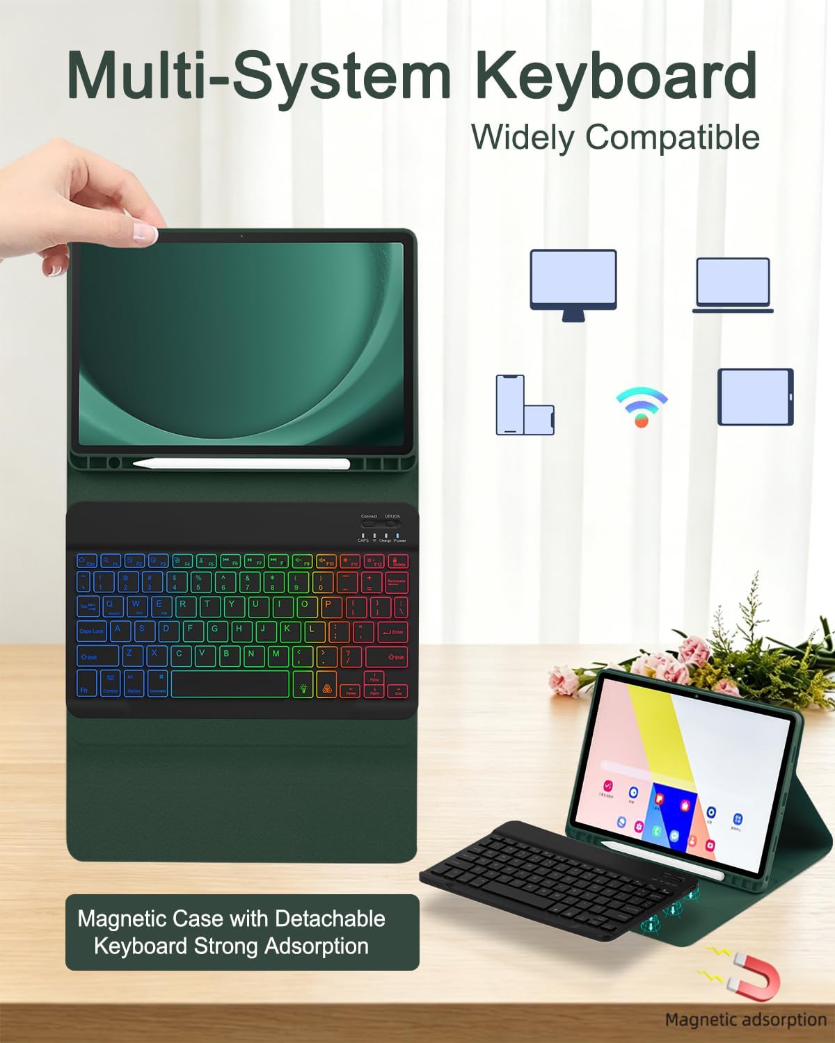 Thumbnail 6 de EAMPANG Keyboard Mouse Case for Samsung Galaxy Tab A11+ / A9+ (11-inch, 2023/2025) — Dark Green Detachable RGB Keypad Cover