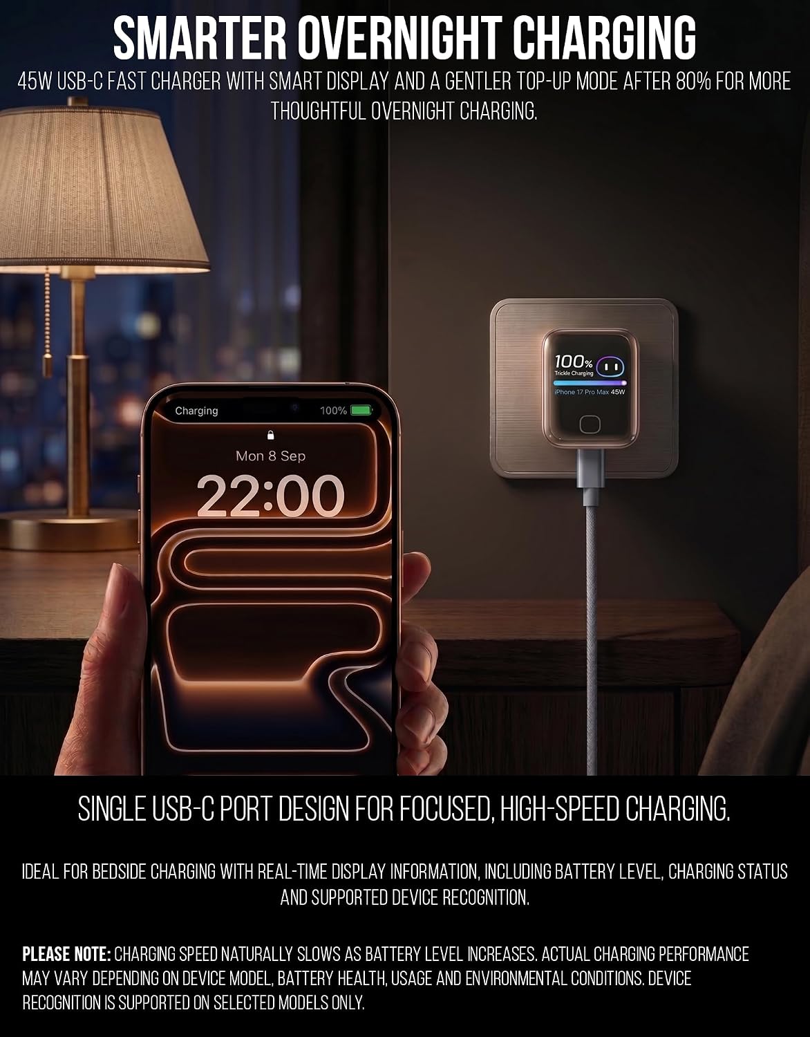 Detalle de 45W USB C Fast Charger Plug with Smart Display – Real-Time Wattage, Model Recognition and Safe Charging